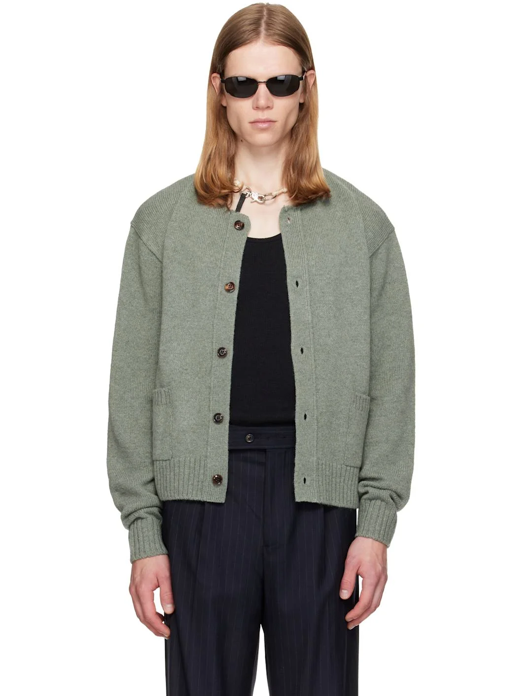 Green Shetland Wool Raw Cardigan - 1