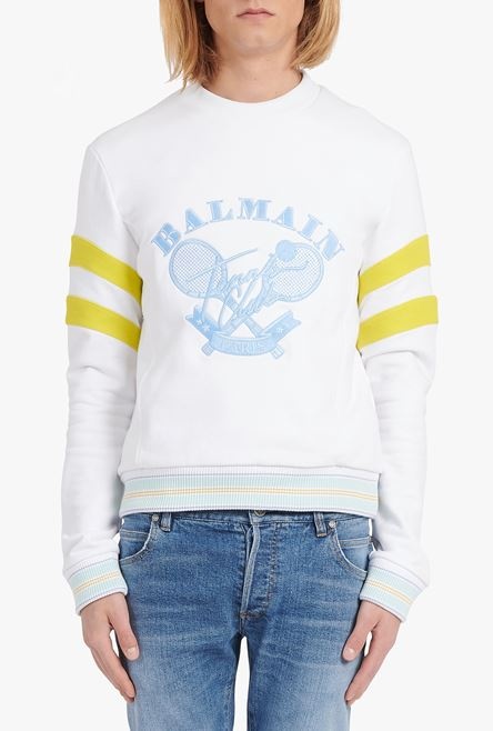 White eco-designed cotton sweatshirt with embroidered pale blue Balmain logo - 5