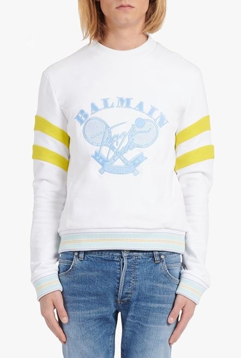 White eco-designed cotton sweatshirt with embroidered pale blue Balmain logo 5