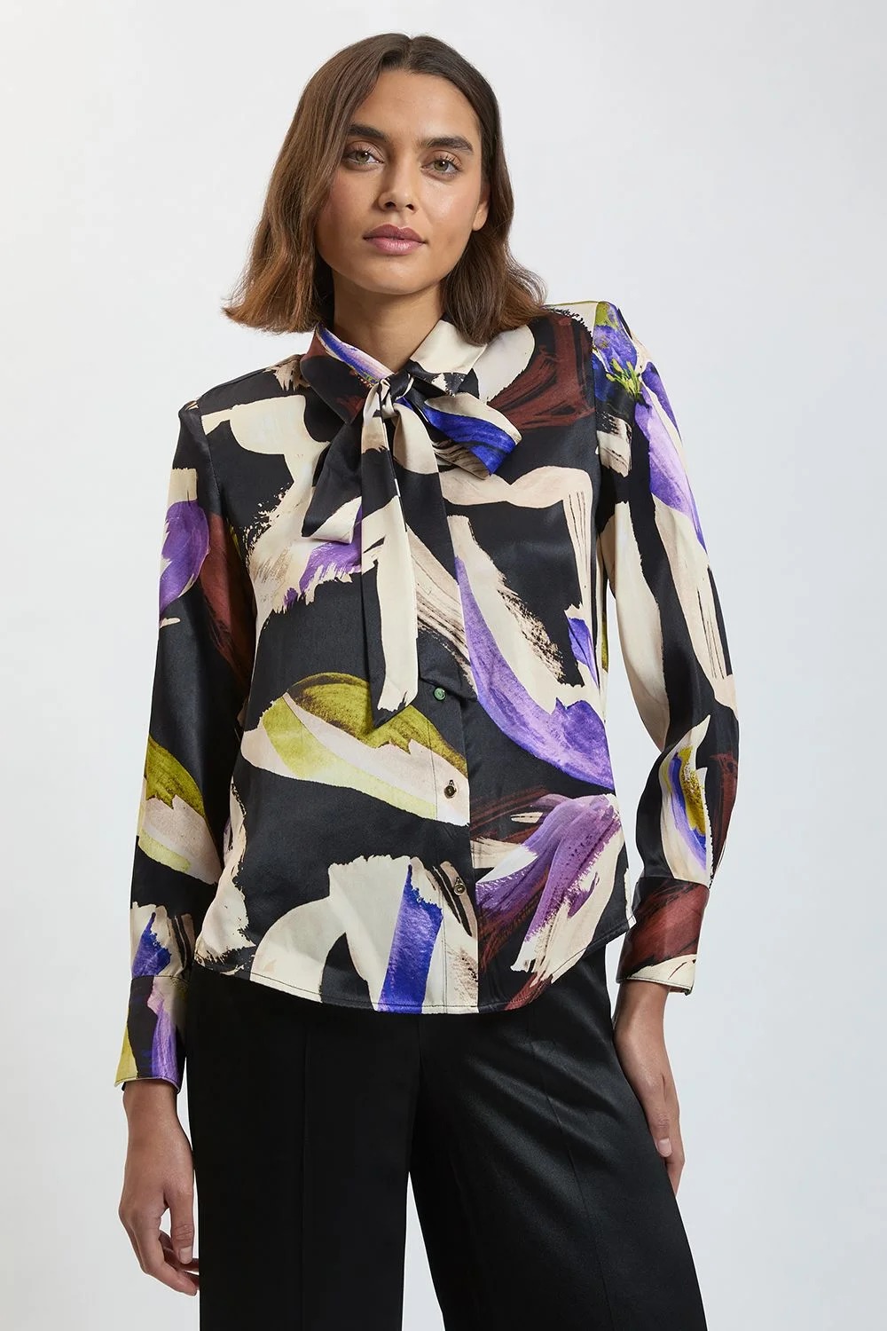 Viscose Satin Crepe Printed Tie Neck Shirt - 1