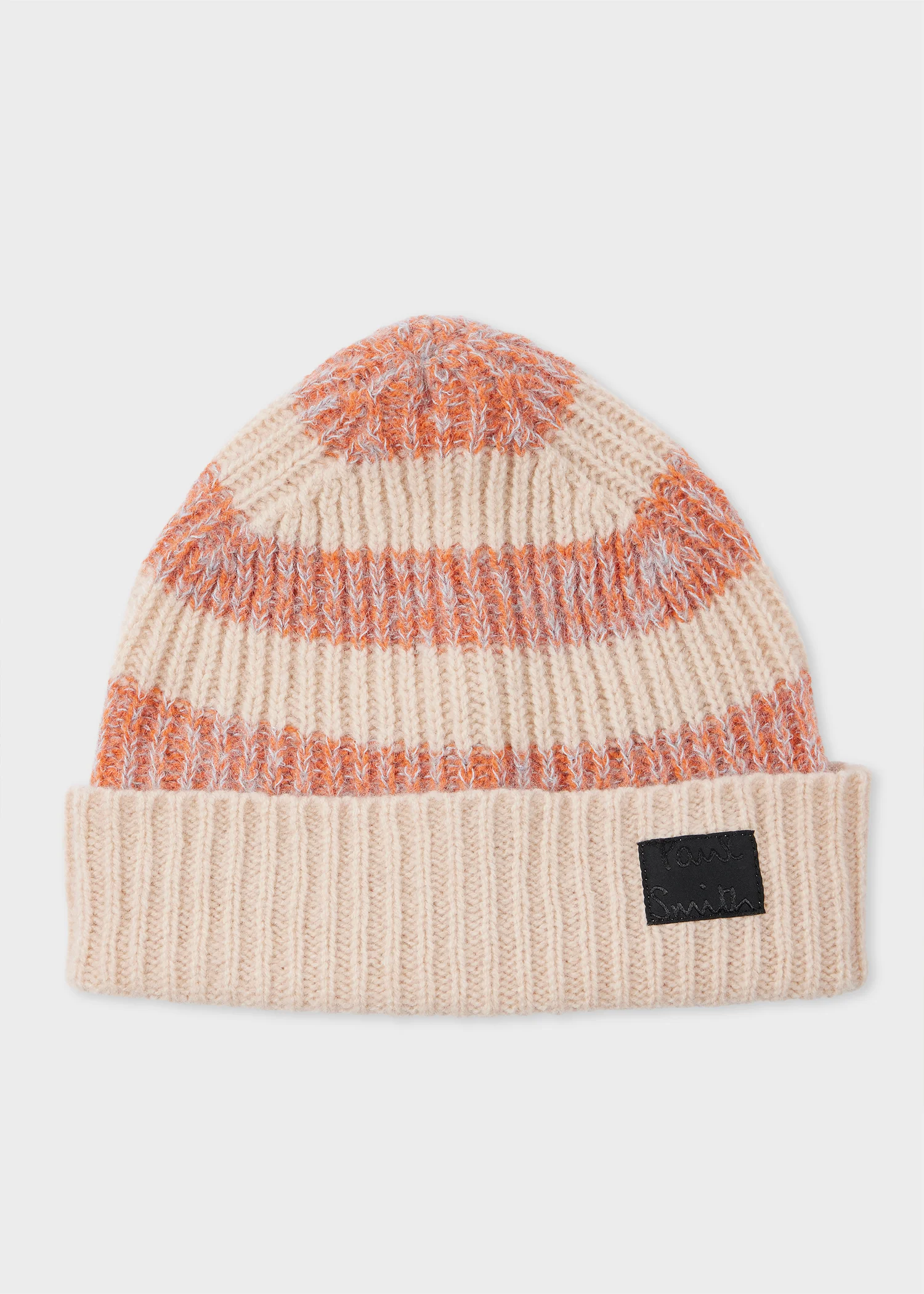 Women's Pink and Beige Lambswool-Blend Block Stripe Beanie - 1