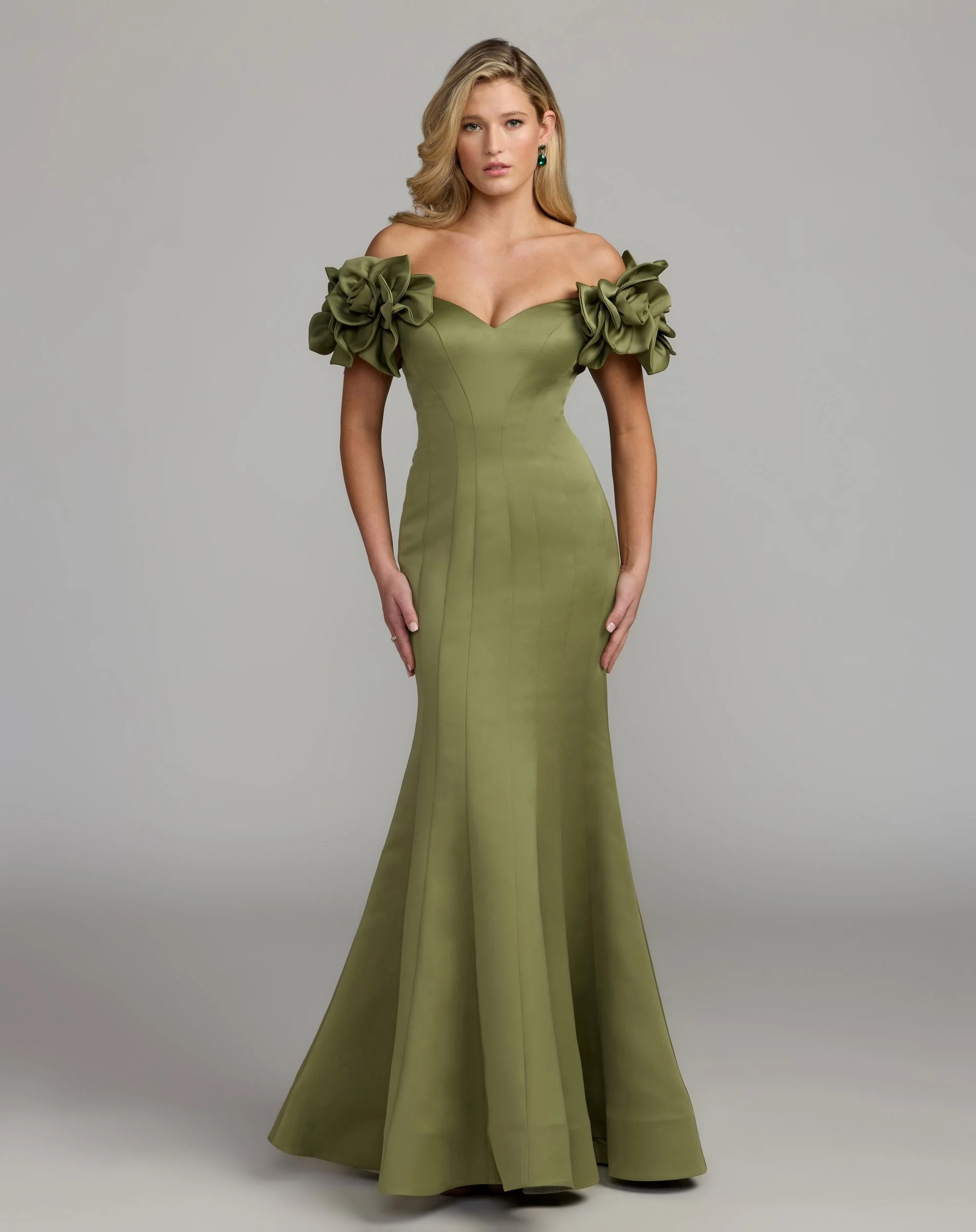 Pear Off The Shoulder Gown With 3D Floral Sleeves - 1