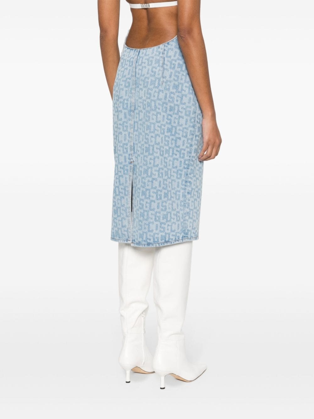 monogram-pattern denim pencil skirt - 4