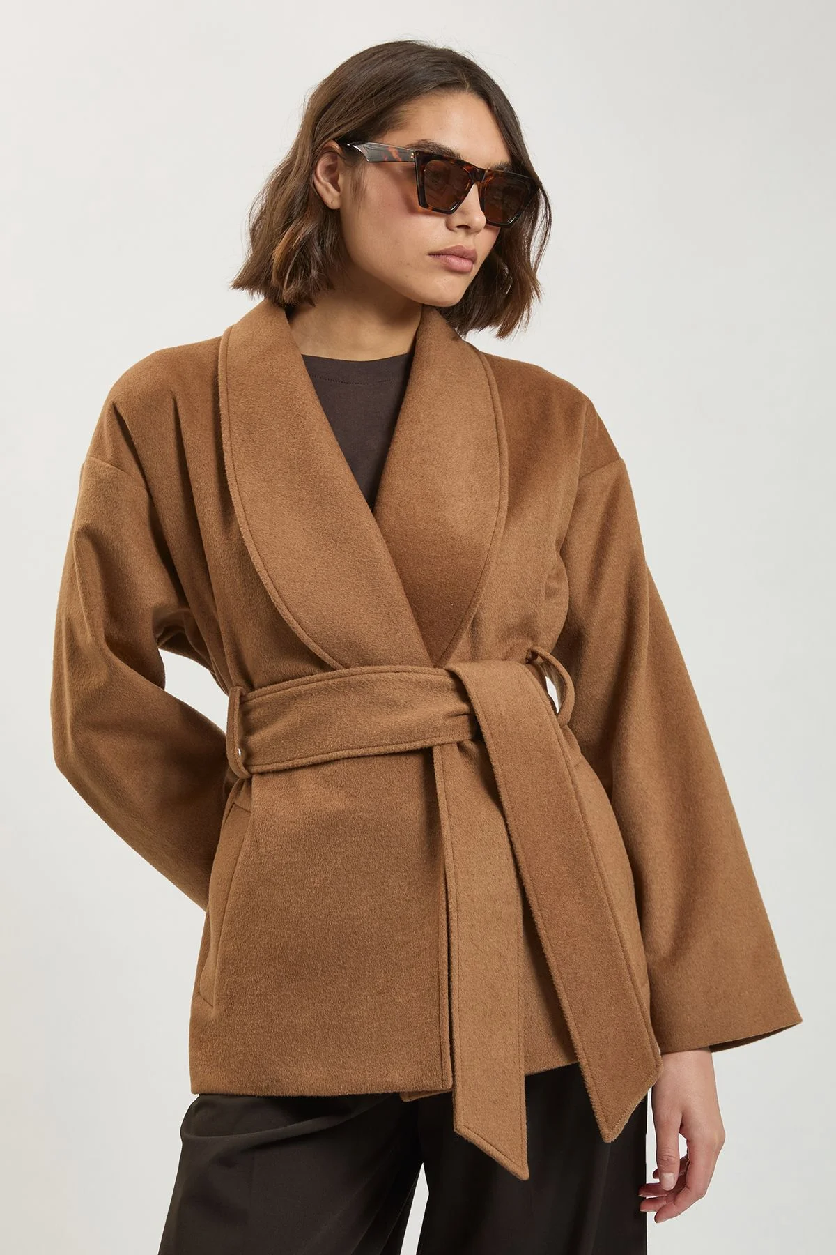 Brushed Wool Belted Wrap Tailored Short Coat - 1