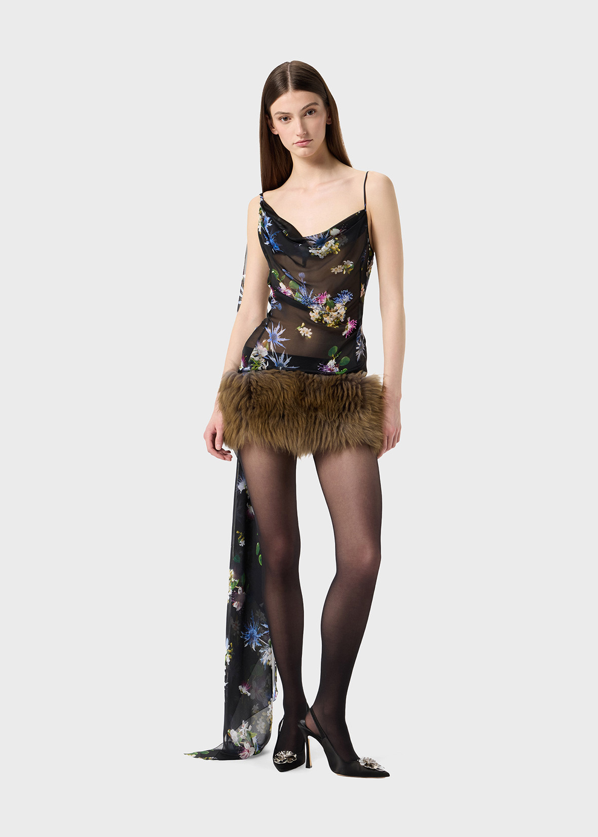PRINTED CHIFFON DRESS WITH FUR LINING - 2