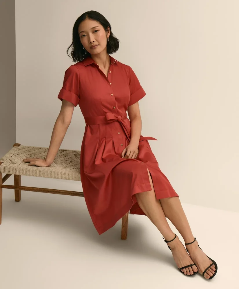 Cotton Sateen Short-Sleeve Belted Shirt Dress - 1