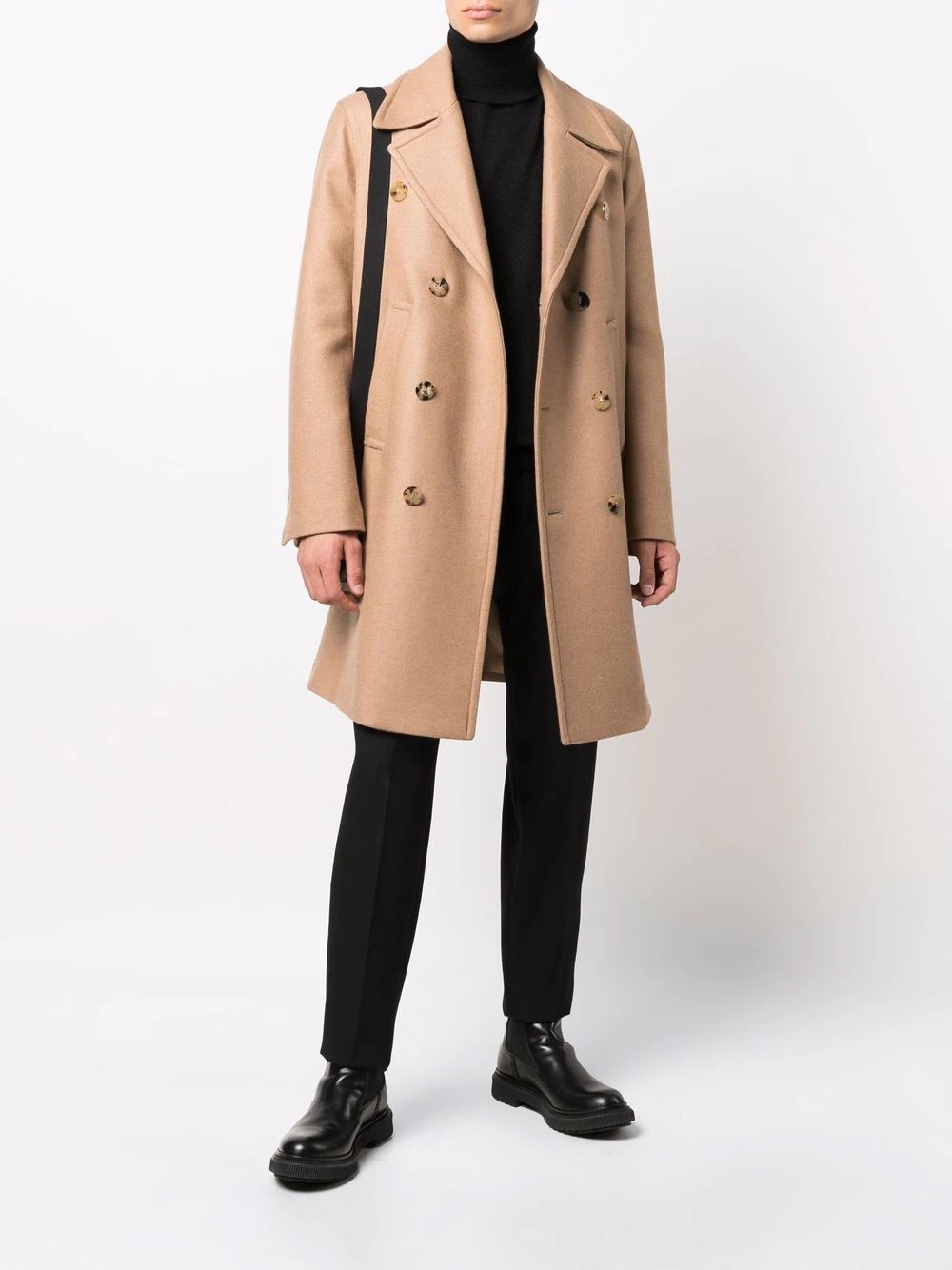 logo-button double-breasted mid-length coat - 2