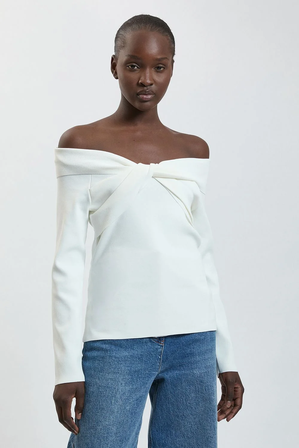 Twist Front Viscose Knitted Bardot Top - 1