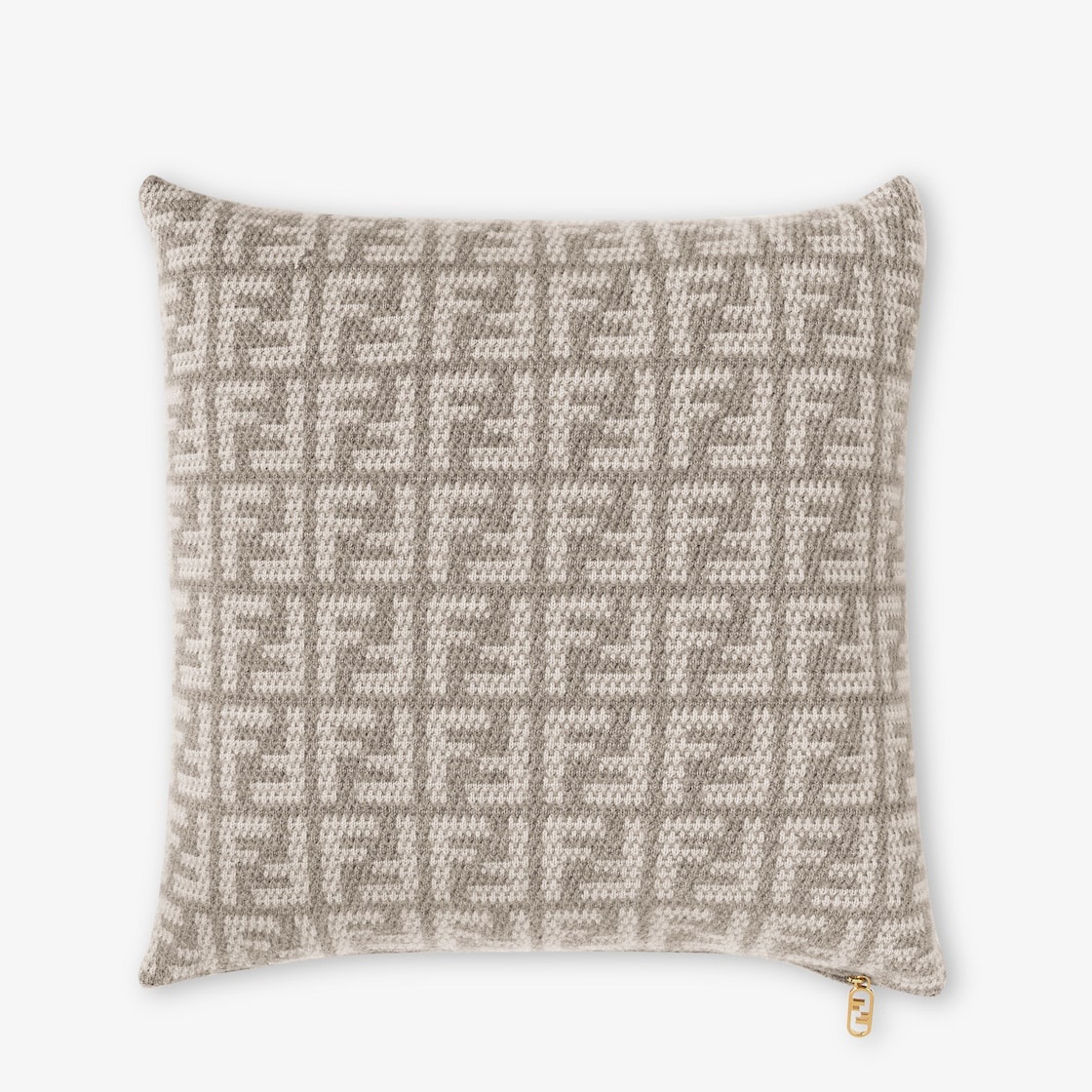 Two-tone soft cashmere square cushion with FF motif in natural tones of dove gray and white. Intent  - 2