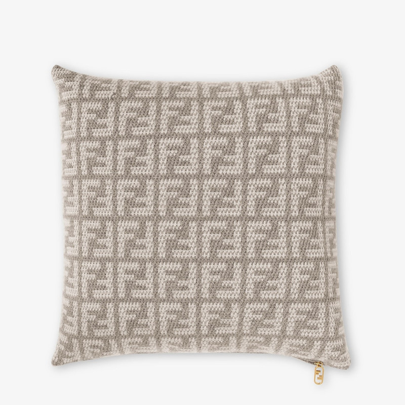 FENDI Two-tone soft cashmere square cushion with FF motif in natural tones of dove gray and white. Intent  outlook