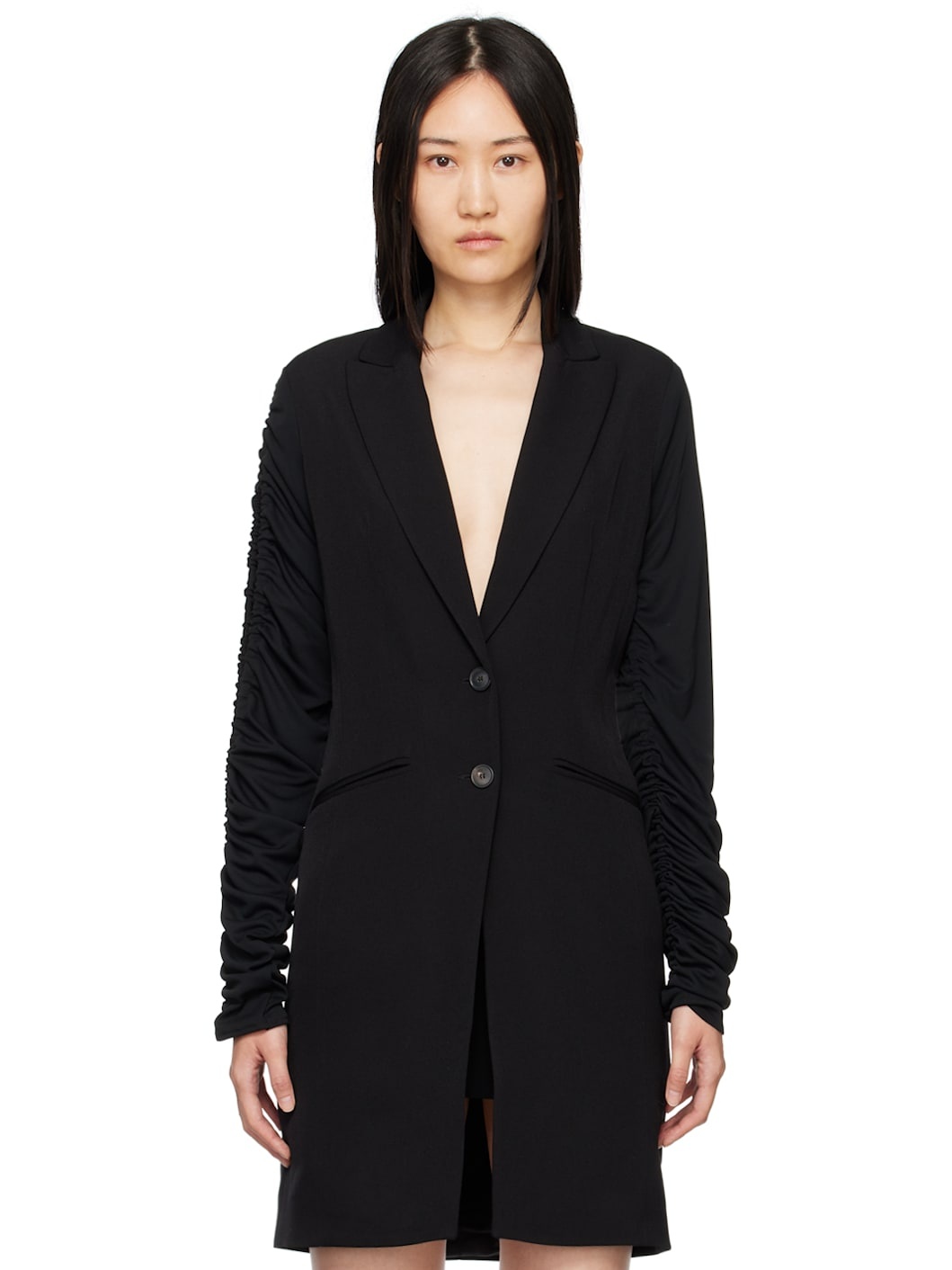 Black Ruched Sleeve Coat - 1