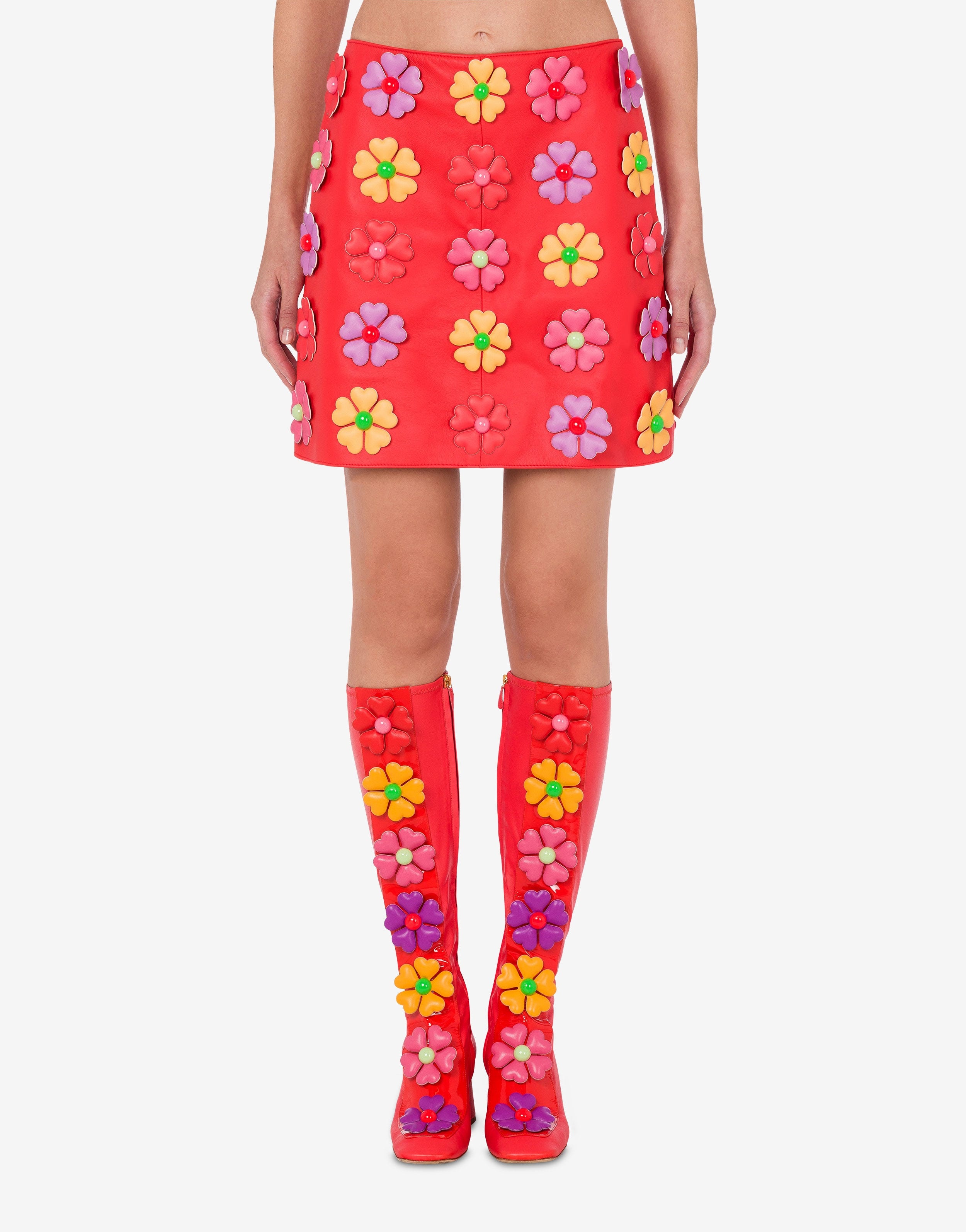 ALL-OVER FLOWERS NAPPA LEATHER SKIRT - 2