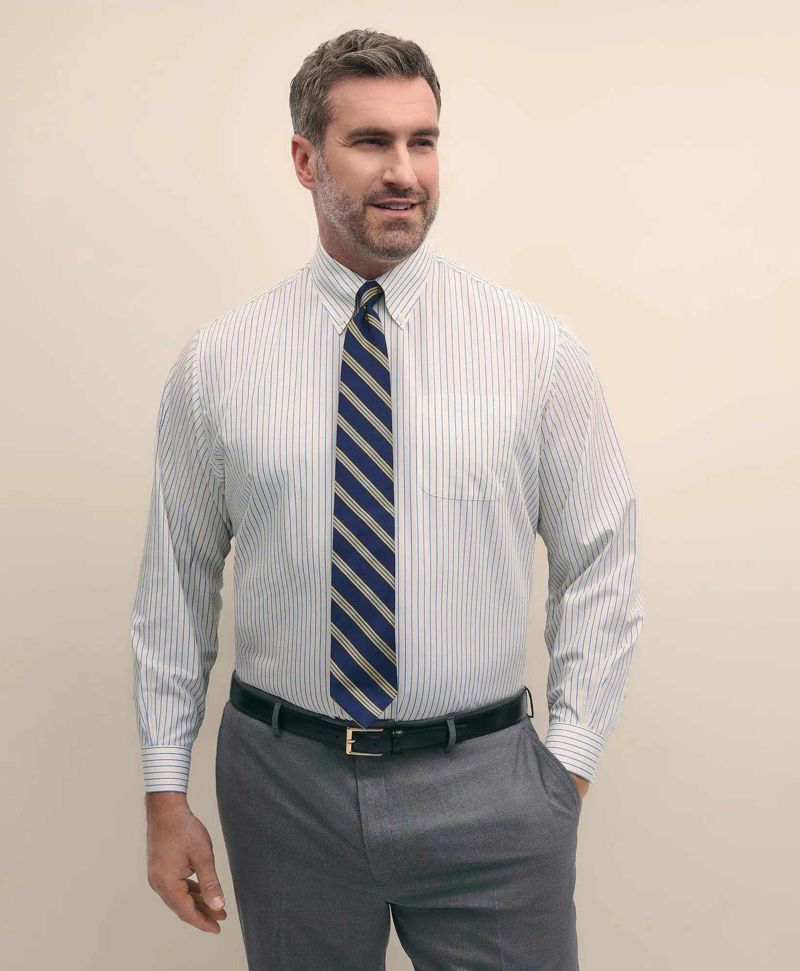 Big & Tall Stretch Cotton Non-Iron Pinpoint Polo Button Down Collar, Track Stripe Dress Shirt - 1