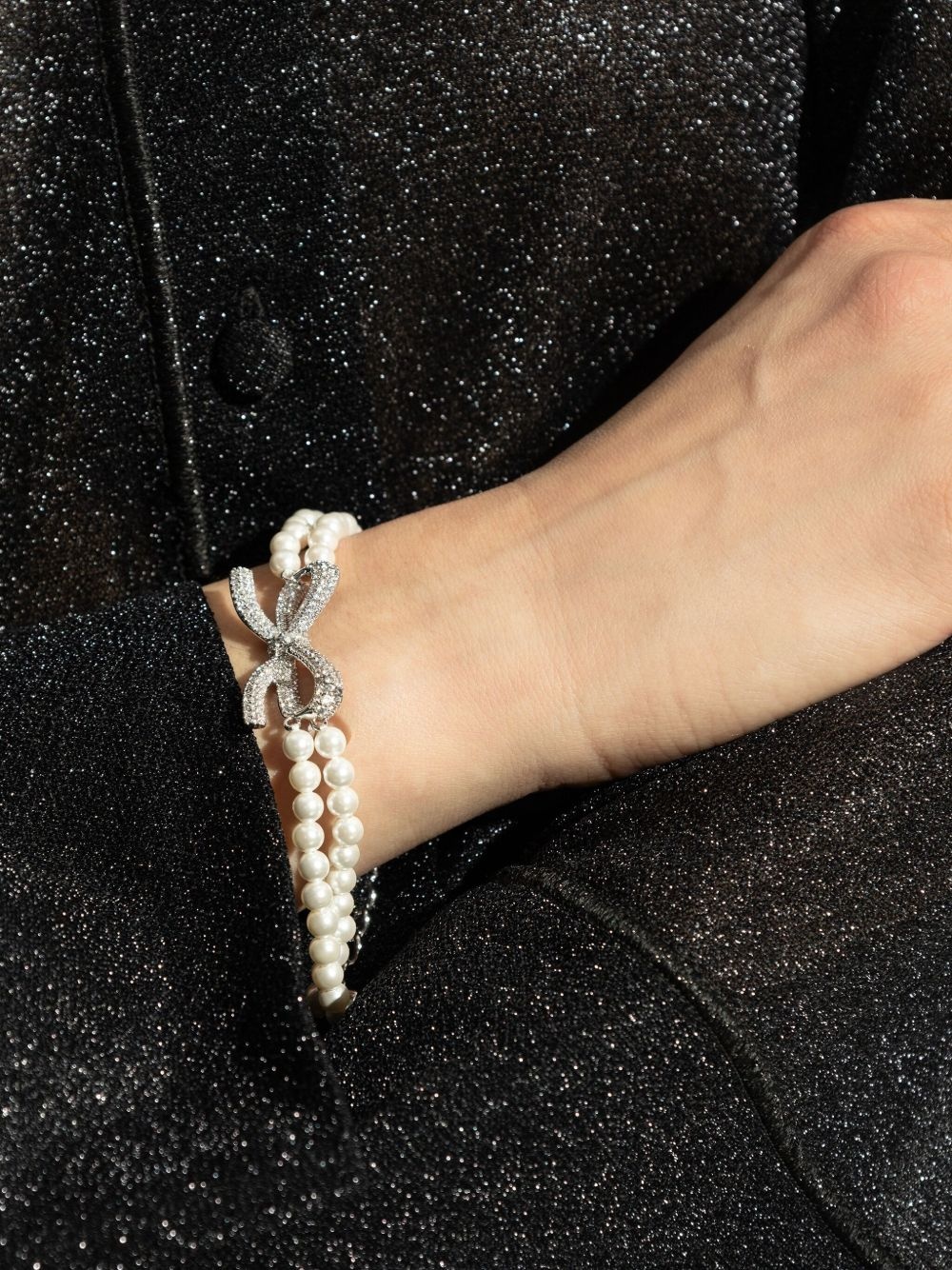 crystal-bow faux pearl-double strand bracelet - 2