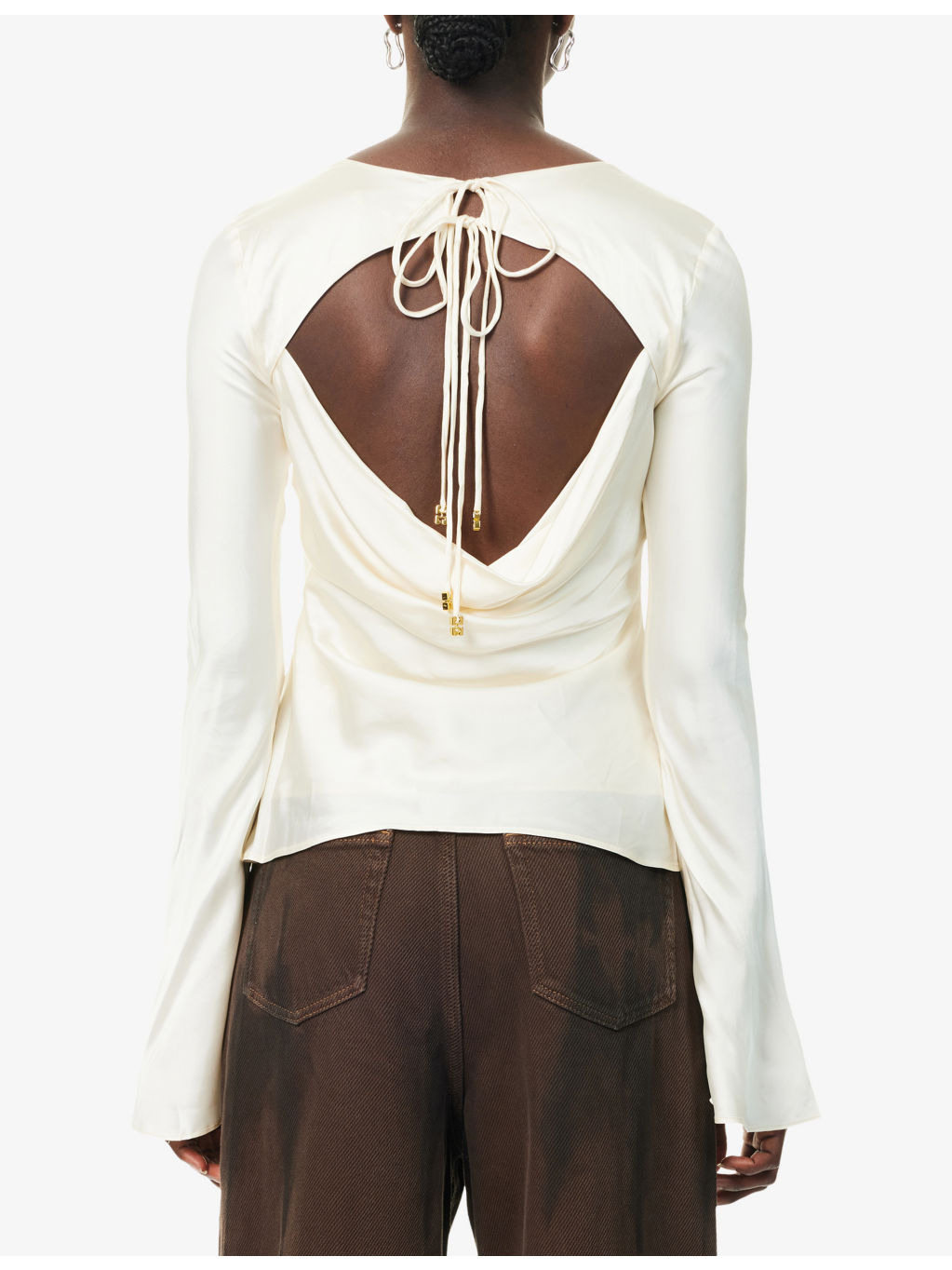 Bell-Sleeves Curved-Neckline Satin Blouse - 4
