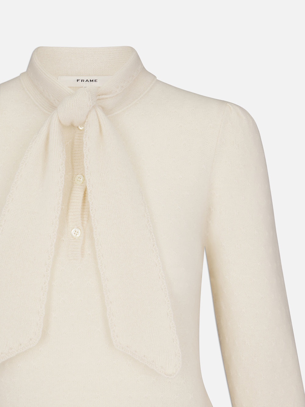 Pointelle Tie Neck Sweater in Cream - 3