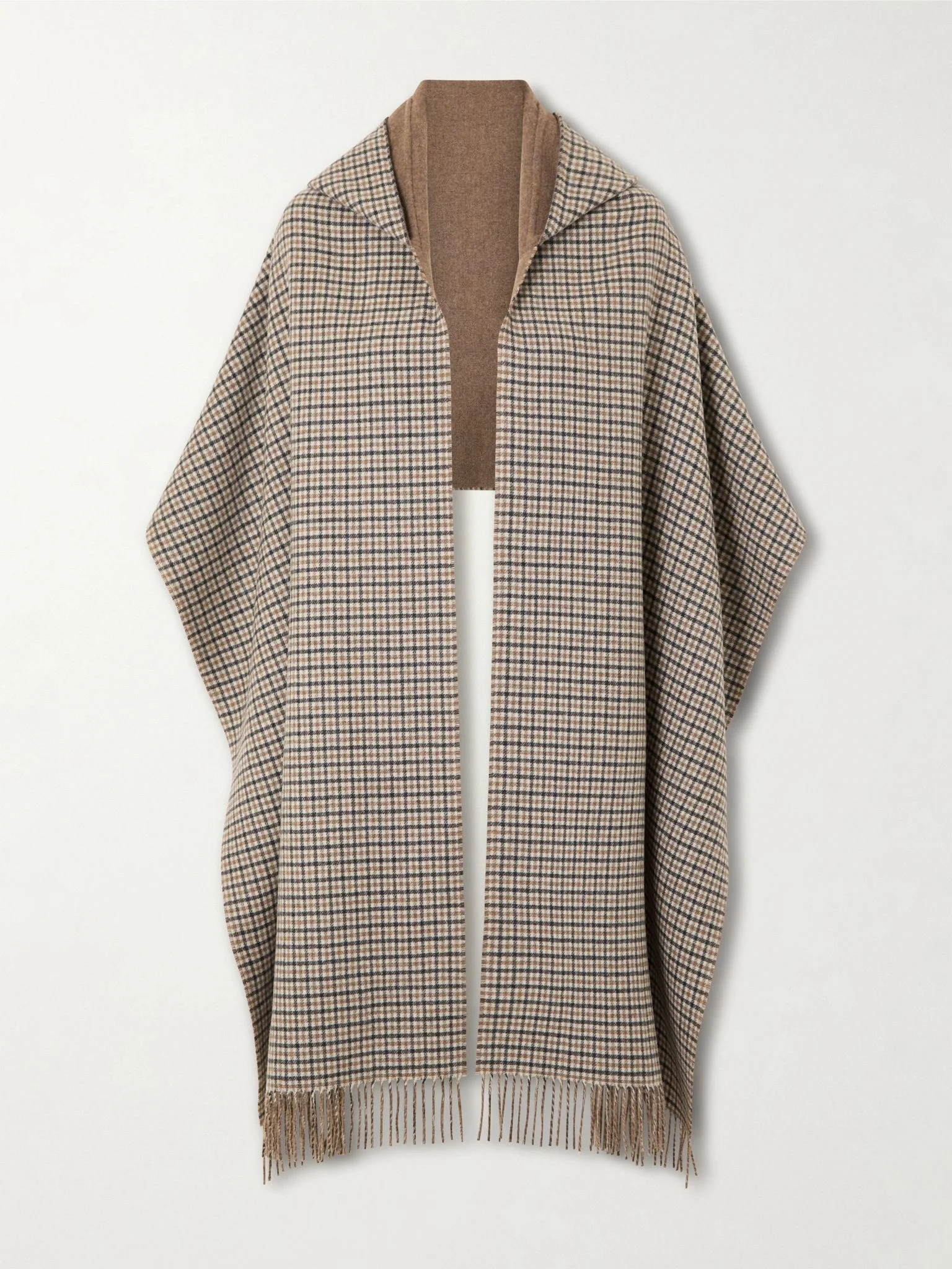 Hooded fringed checked cashmere wrap Brown - 1
