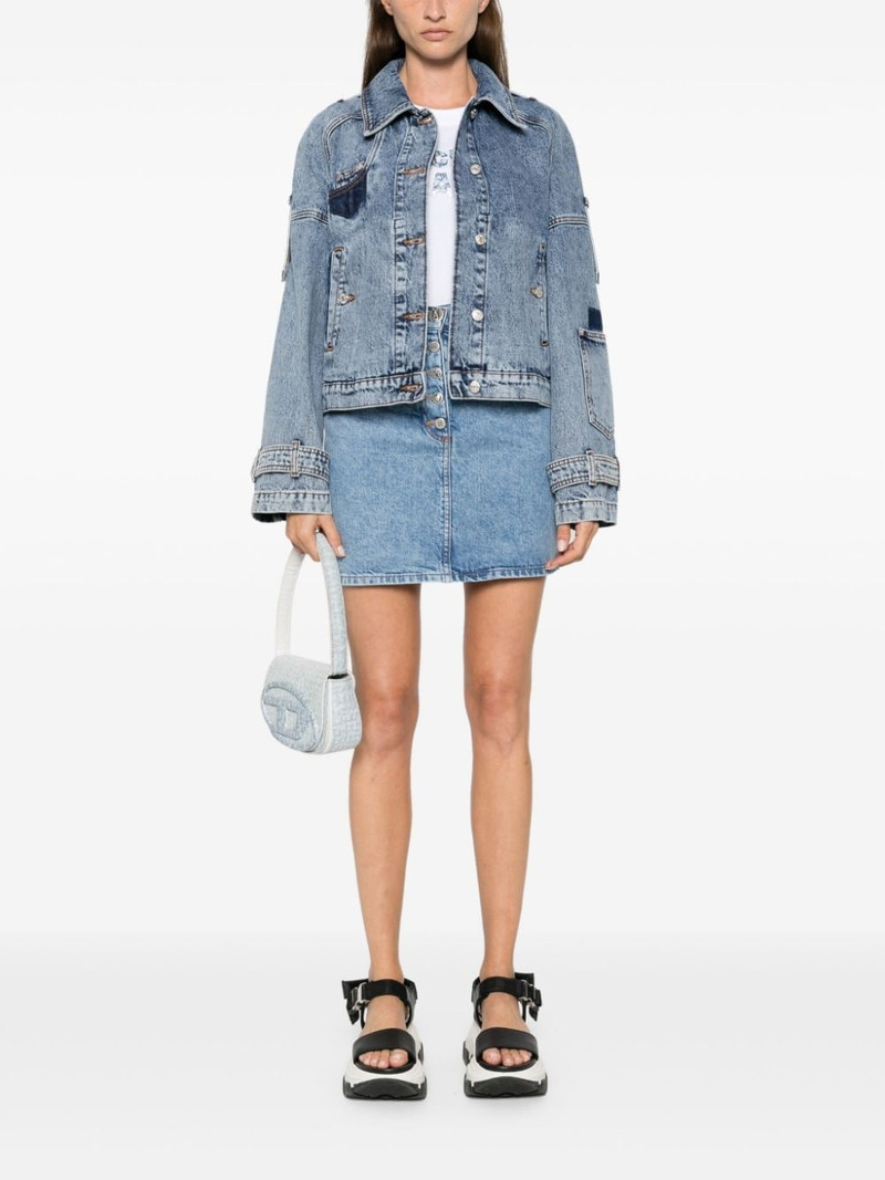 Moschino logo-engraved buttons denim skirt outlook