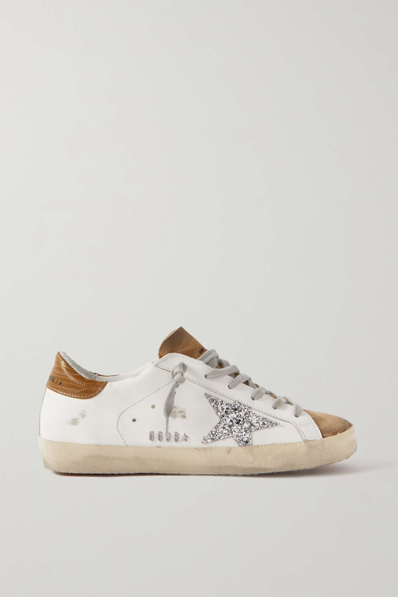 Superstar glittered distressed leather and suede sneakers - 1