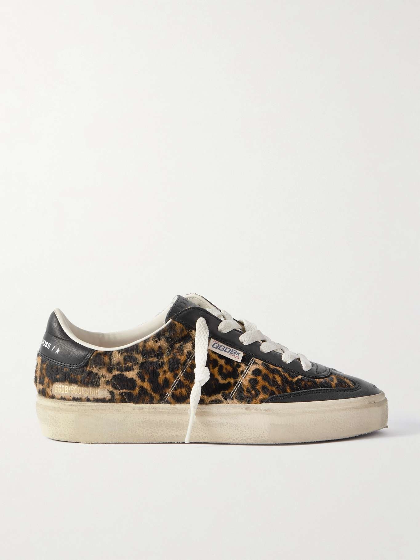 Soul-Star distressed leather-trimmed leopard-print calf hair sneakers - 1