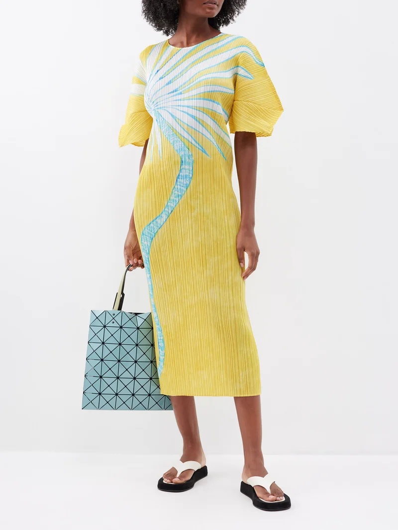 Pleats Please Issey Miyake Palm-print technical-pleated midi dress