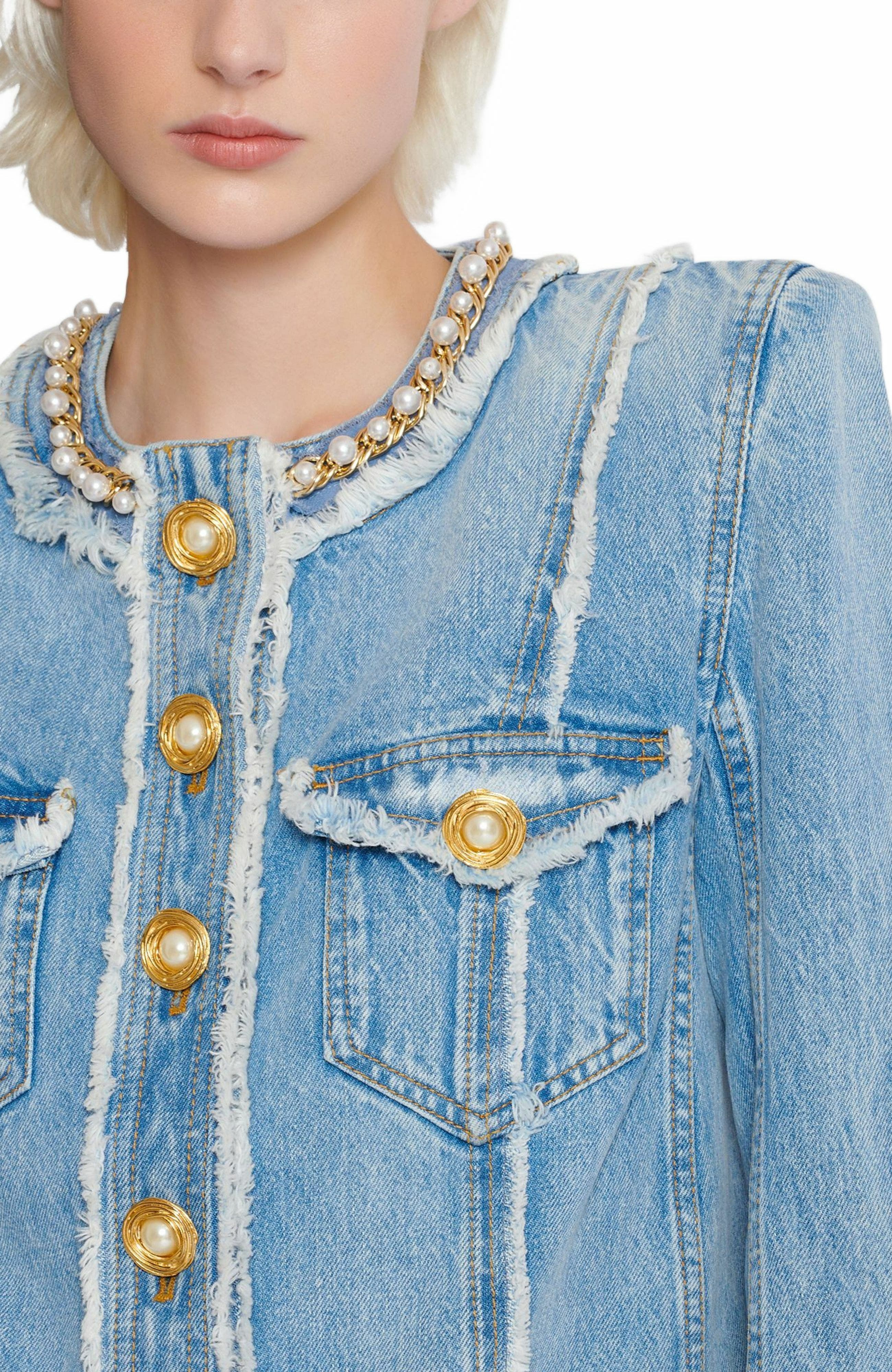 Balmain Denim jacket with pearl trim in Blue at Nordstrom - 8