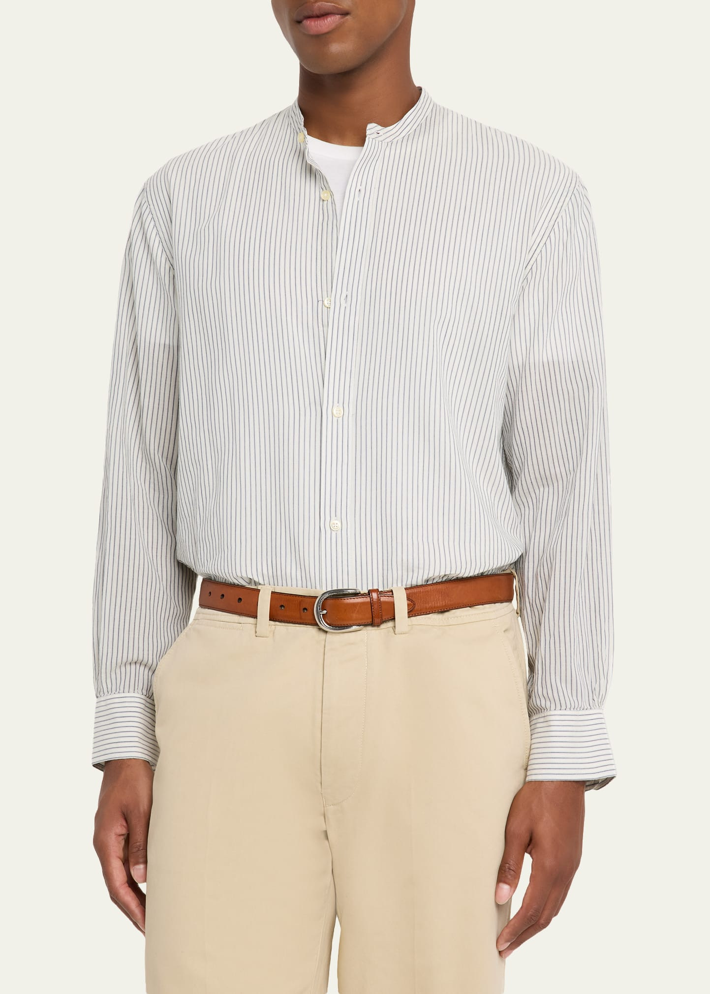 Men's Gali Band-Collar Cotton Stripe Button-Down Shirt - 4