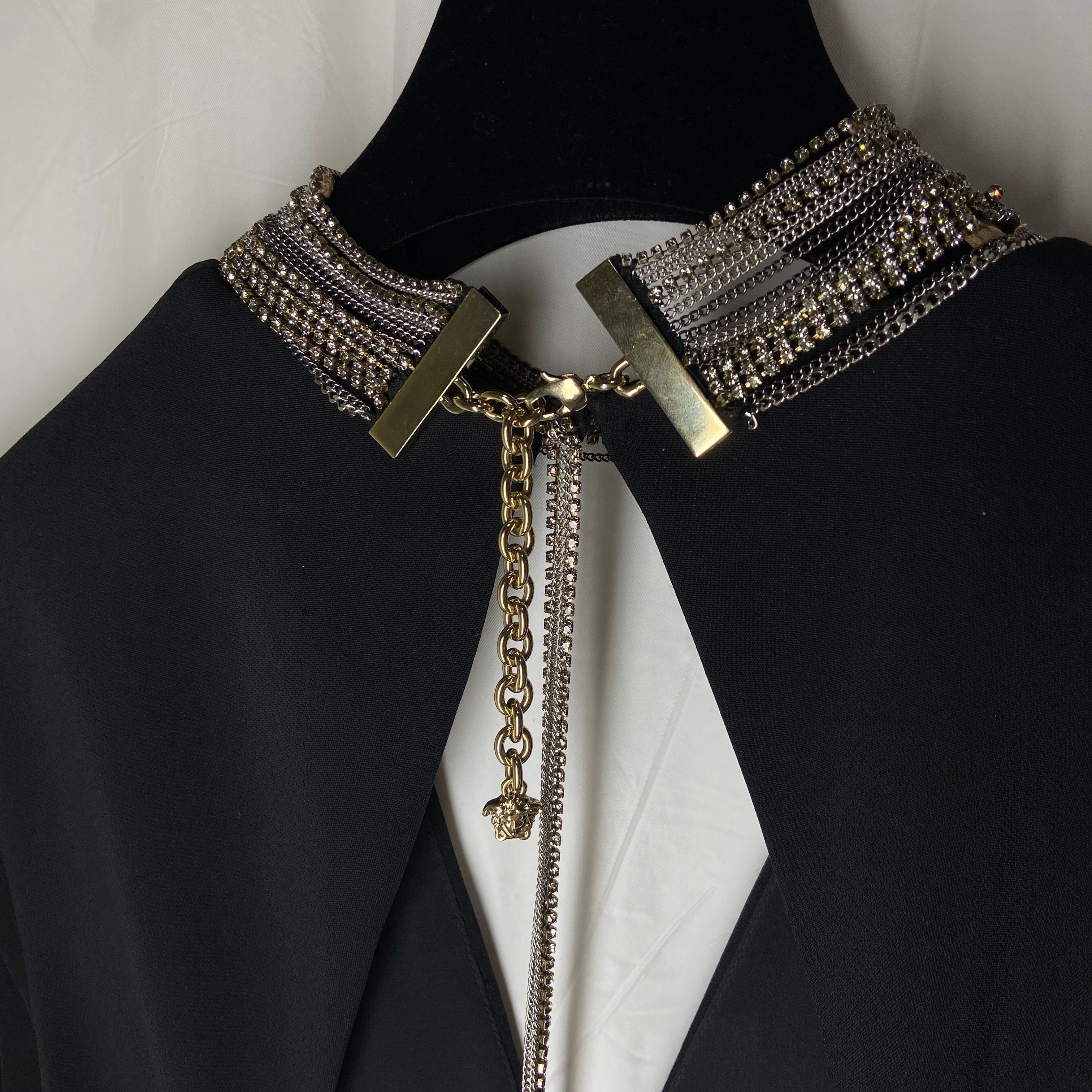 Versace plunging open back dress evening gown with gold crystal necklace and back chains 38 - 14
