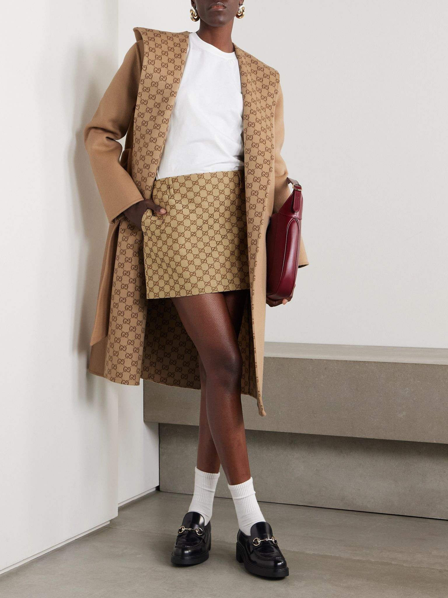 Reversible hooded belted wool and silk-blend jacquard coat Camel - 2