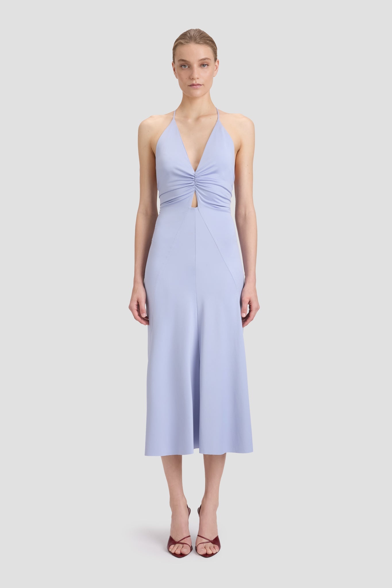 V-Neck Ruched Cami Midi Dress In Delphinium Blue - 2