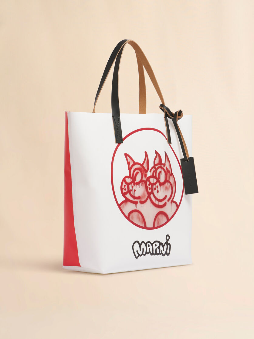 WHITE AND RED FABRIC TRIBECA TOTE WITH DOGS PRINT - 6