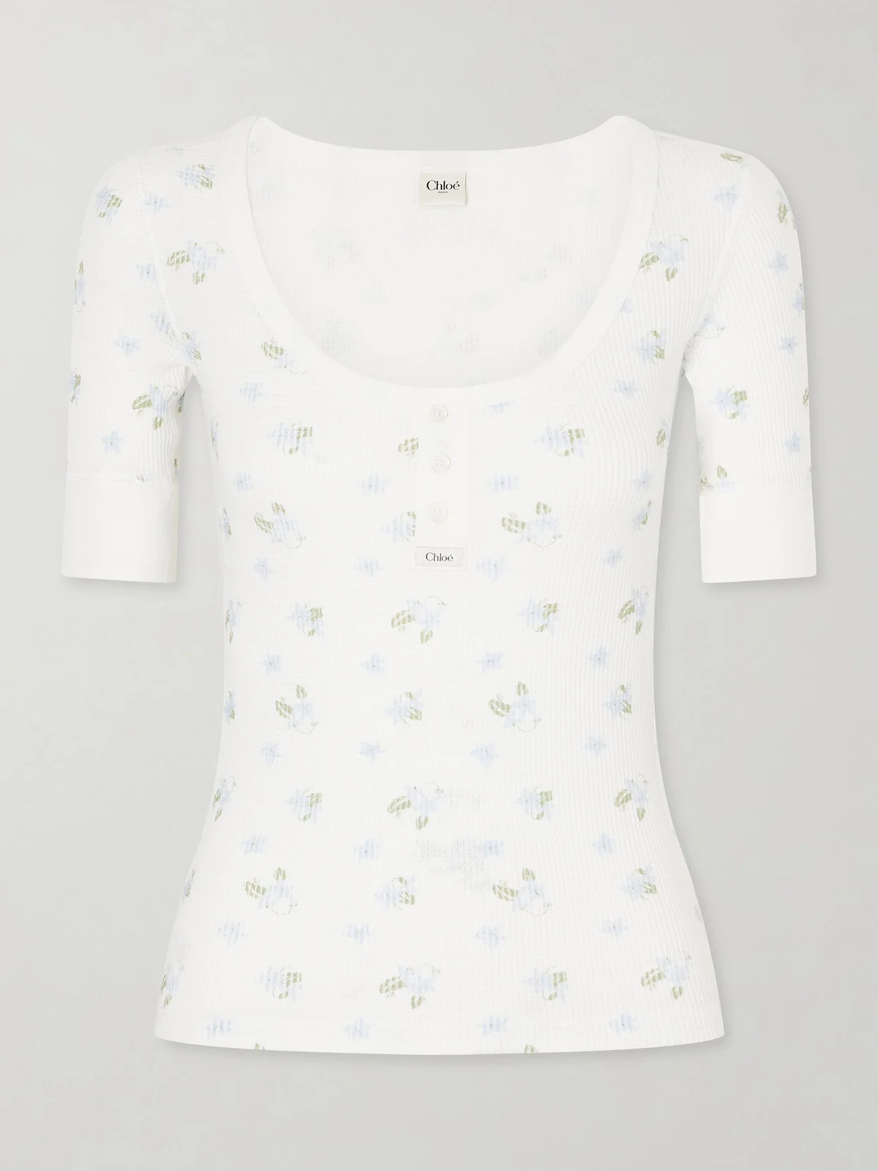 Floral-print Waffle-knit Cotton-jersey T-shirt - 1
