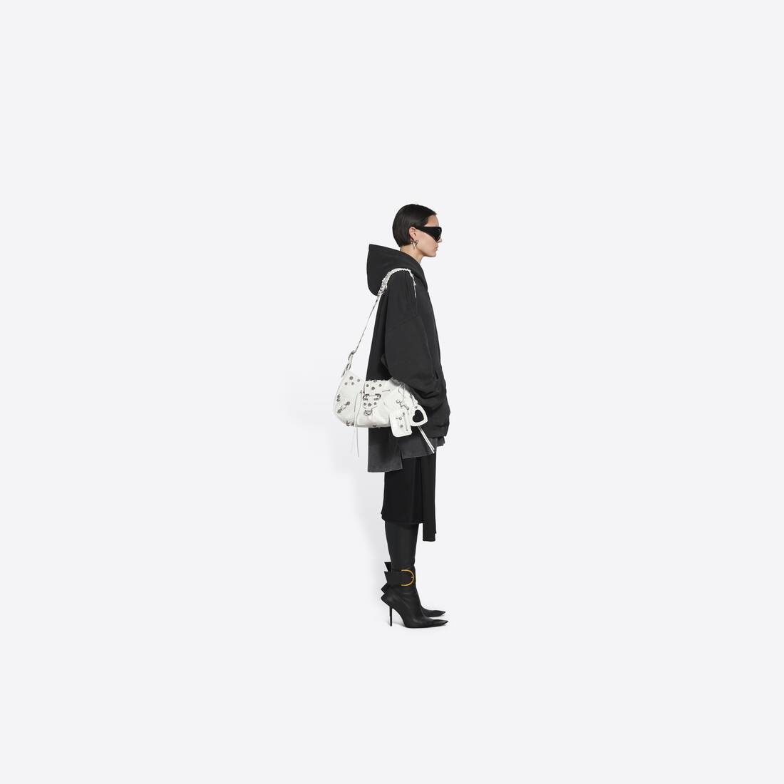 Women's Le Cagole Medium Shoulder Bag Crocodile Embossed in White - 2