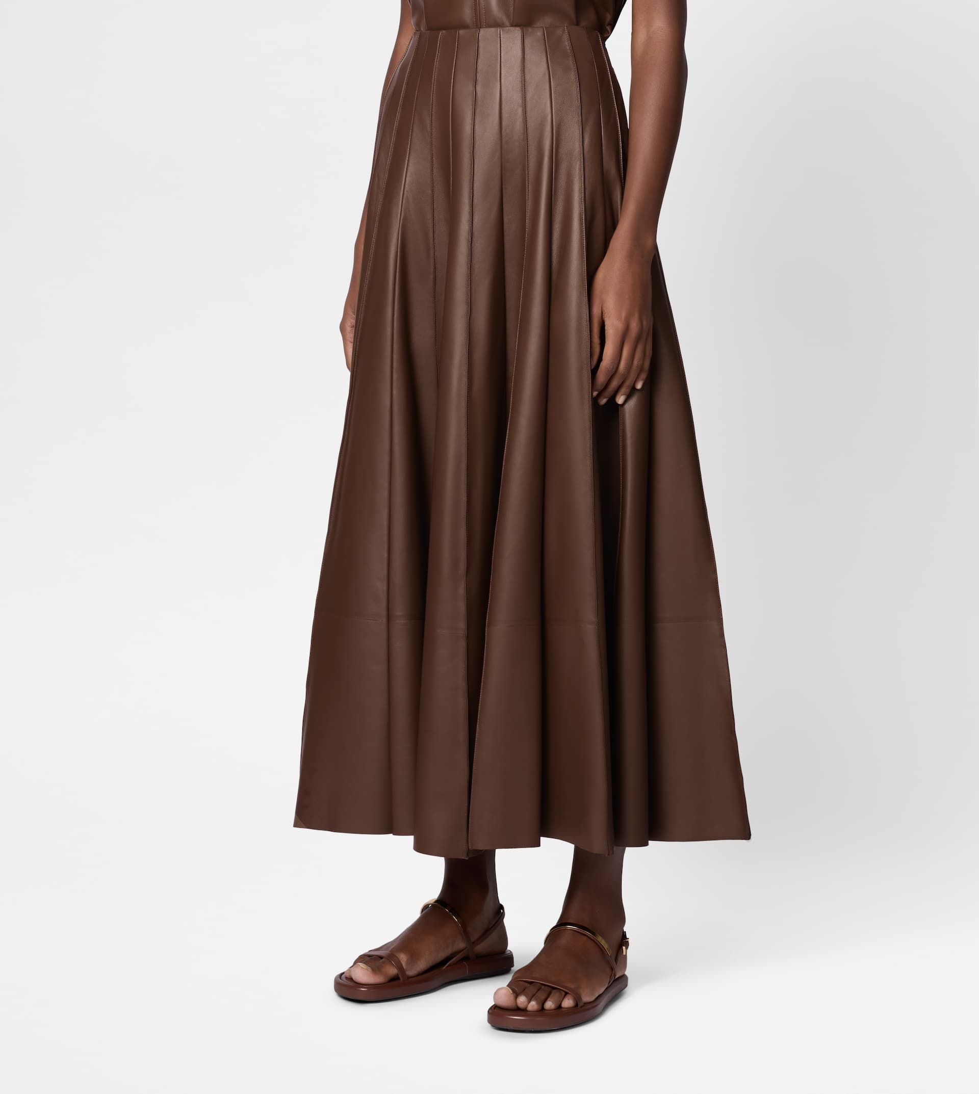 SKIRT IN PLEATED EFFECT LEATHER - BROWN - 3