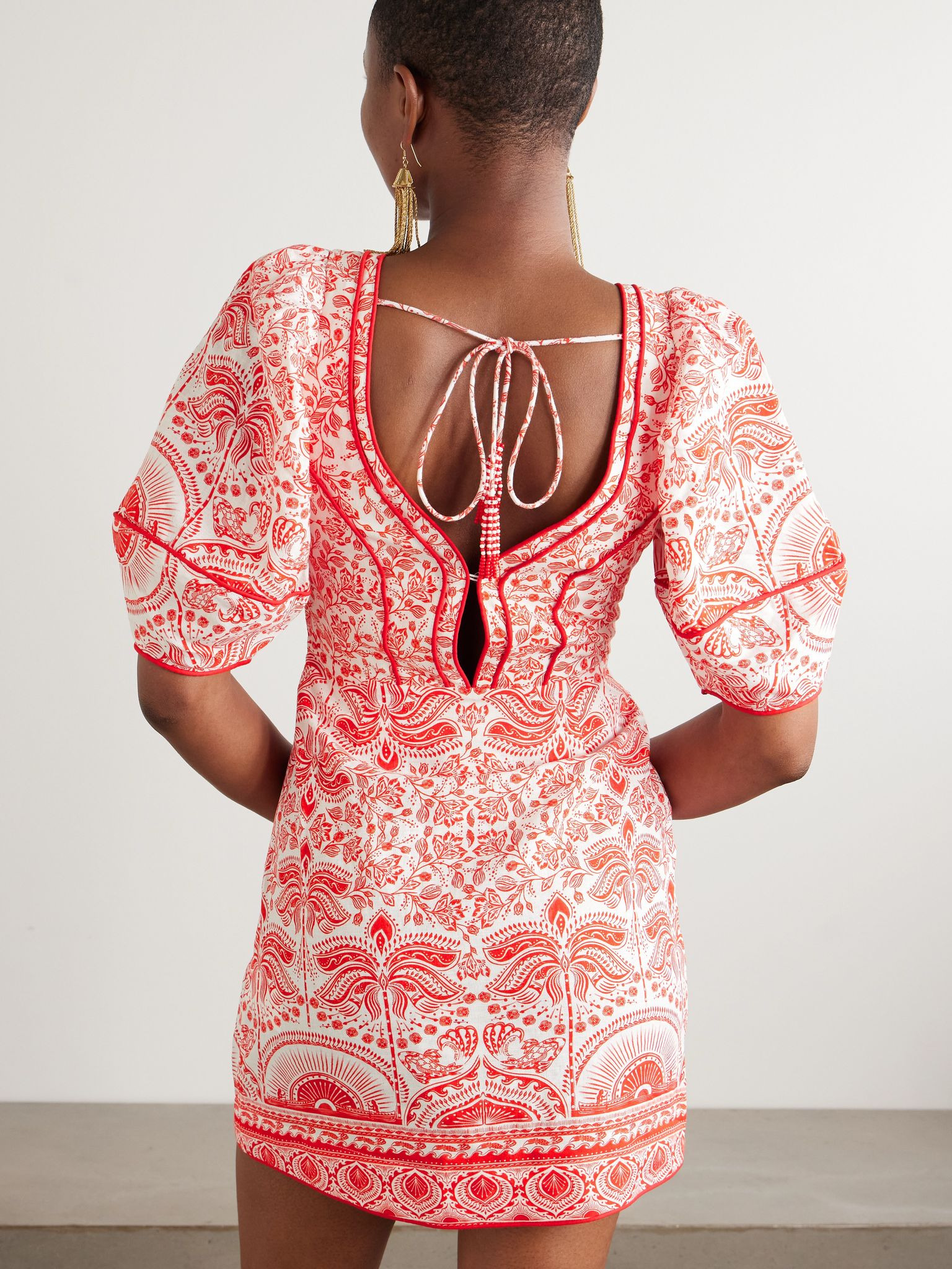 River Ride cutout floral-print linen-blend mini dress Red - 3