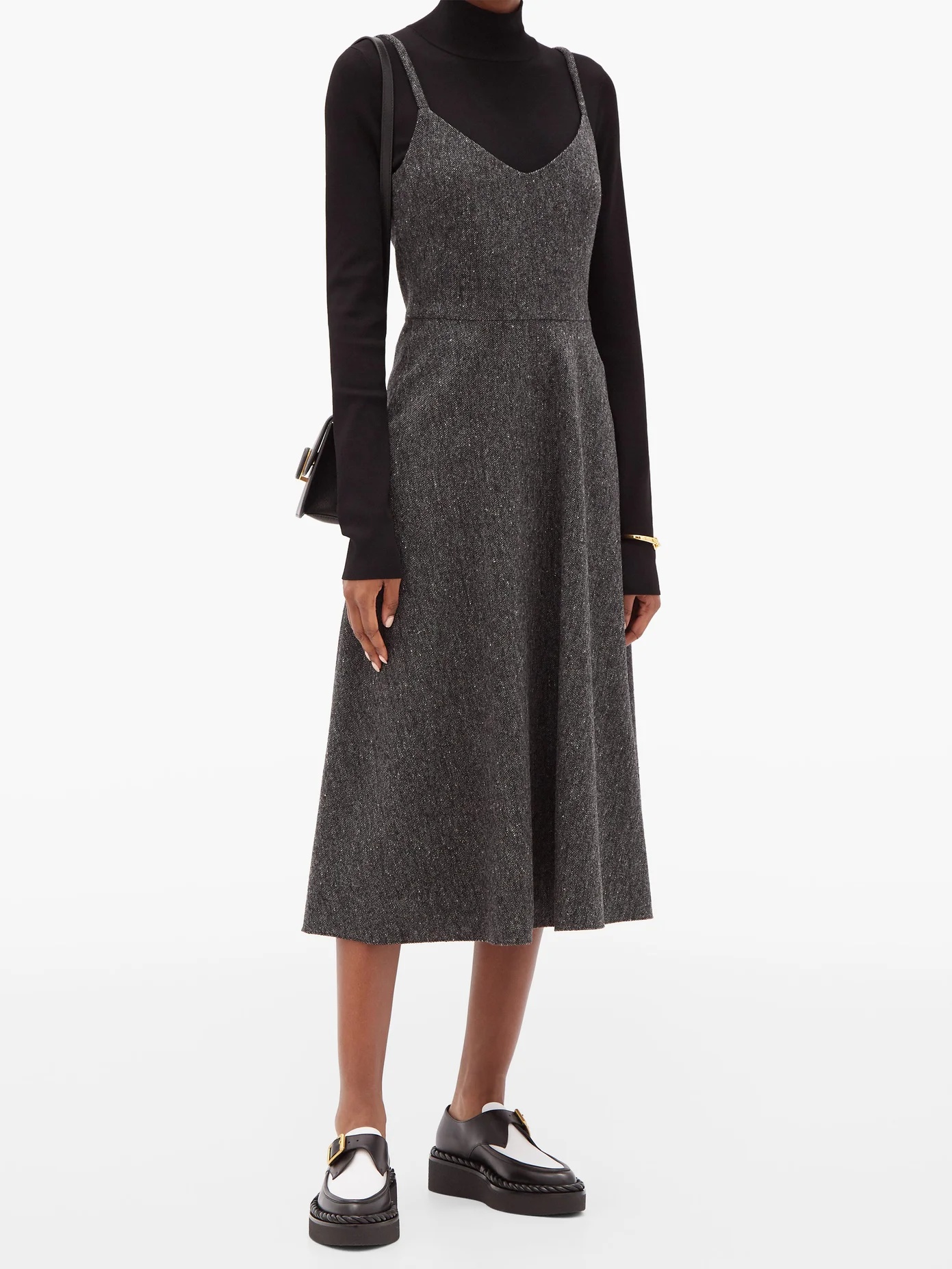 V-neck wool-blend tweed midi dress - 2