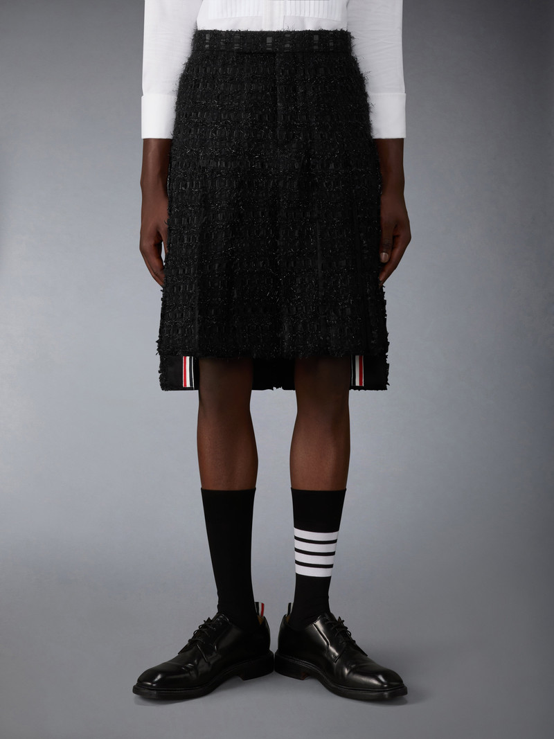 Thom Browne SATIN RIBBON TWEED FRAYED PLEATED SKIRT outlook