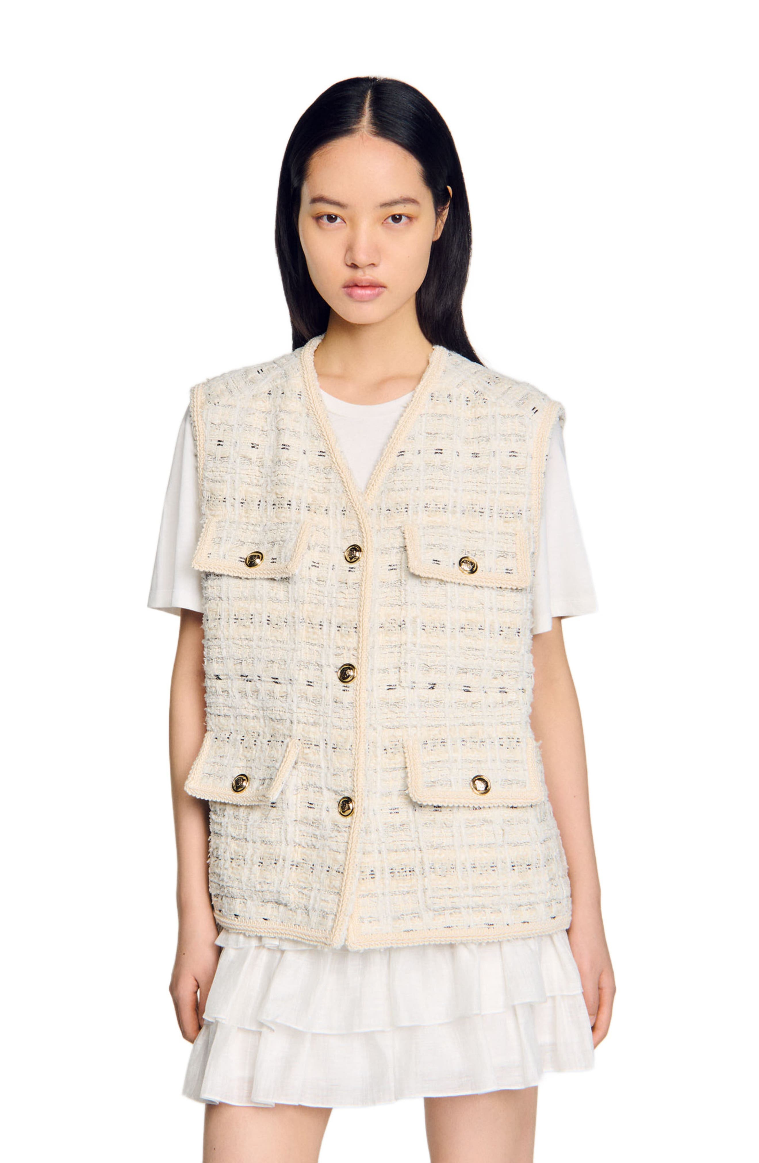 SANDRO Sleeveless tweed jacket in Ecru /Lurex at Nordstrom - 3