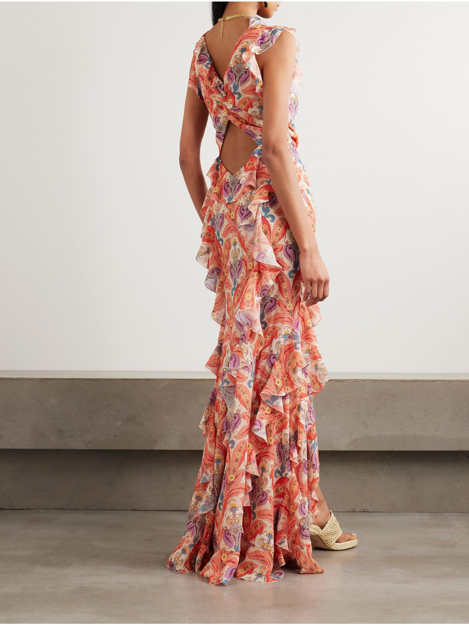 Open-back ruffled printed crepe de chine maxi dress Red - 3