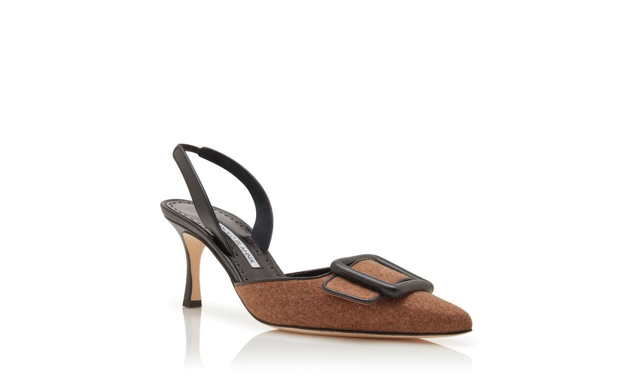 Brown and Black Wool Buckle Detail Slingback Pumps - 3
