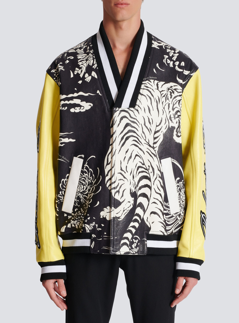 Leather varsity jacket with Tiger print 5