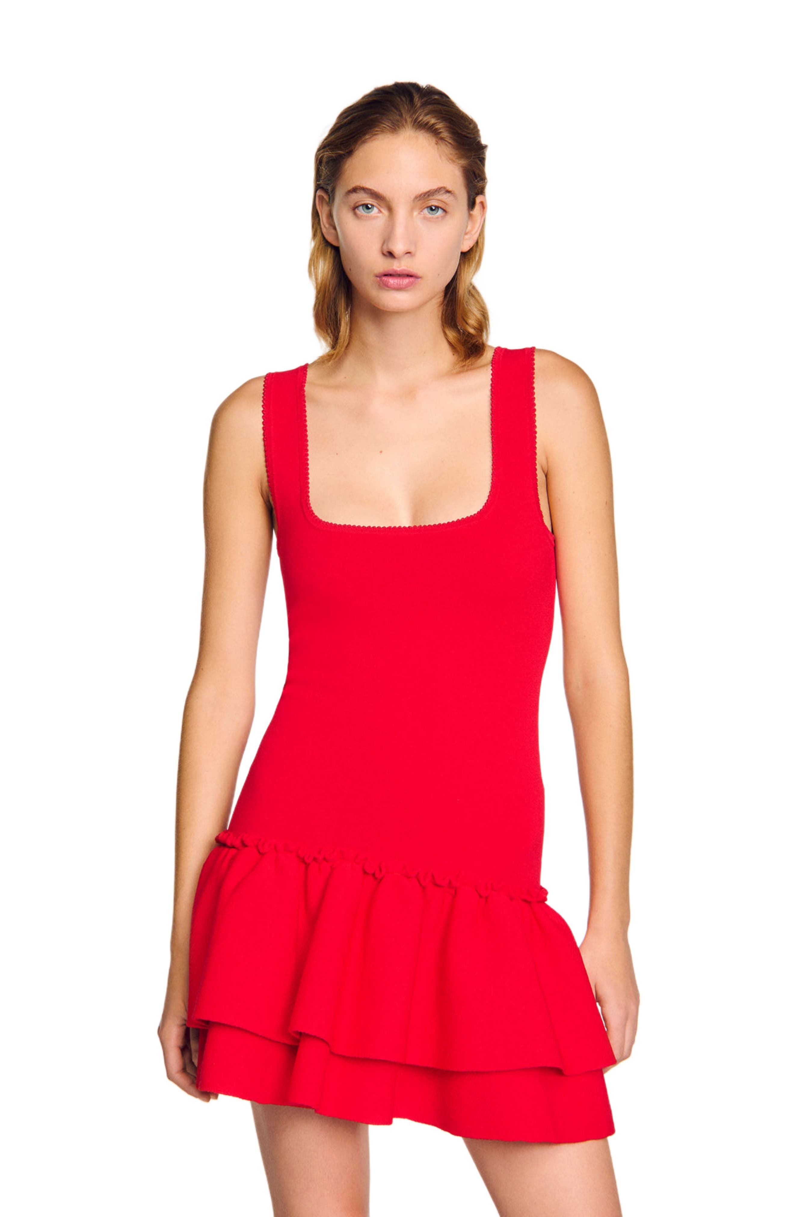 SANDRO Short knit dress with ruffles in Red at Nordstrom - 3