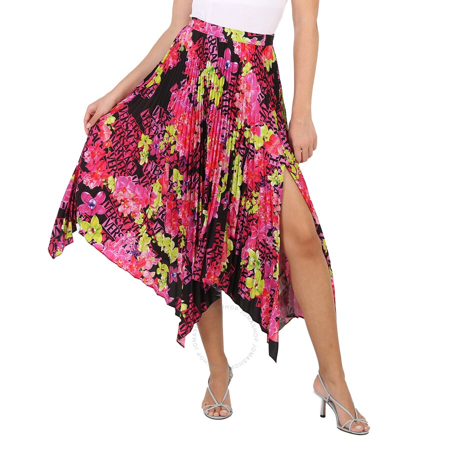 Versace Orchid Print Pleated Crepe De Chine Midi Skirt - 4