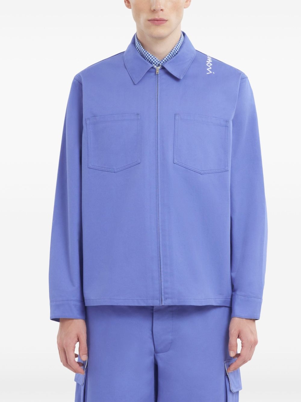 logo-embroidered cotton shirt jacket - 3