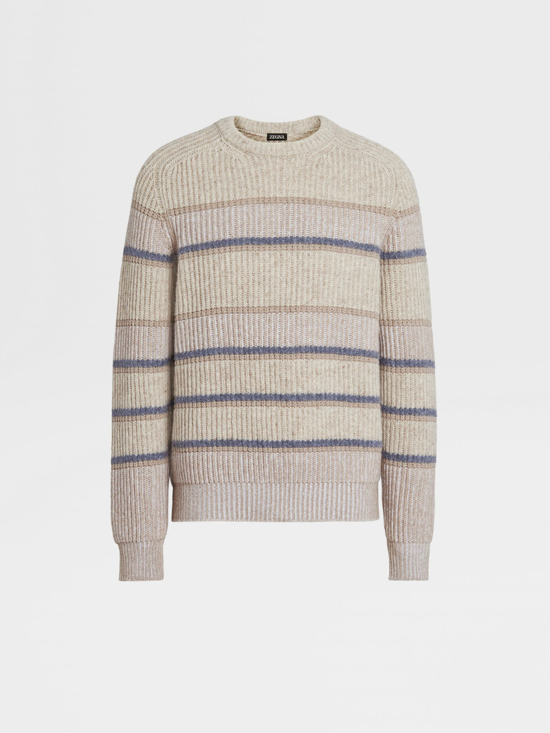 LIGHT TAUPE STRIPED CASHMERE AND SILK CREWNECK 1