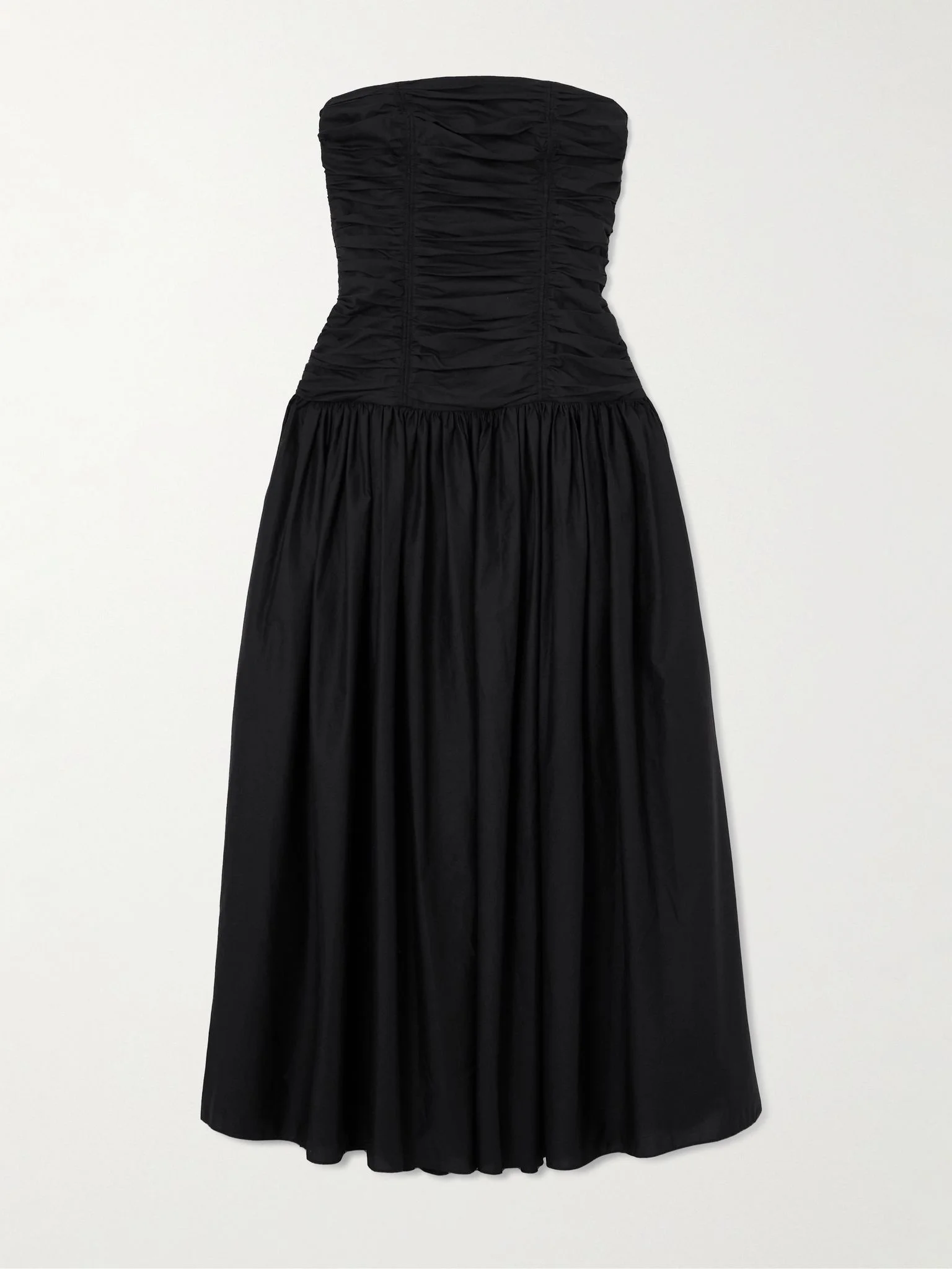 Strapless ruched organic cotton-poplin midi dress Black - 1