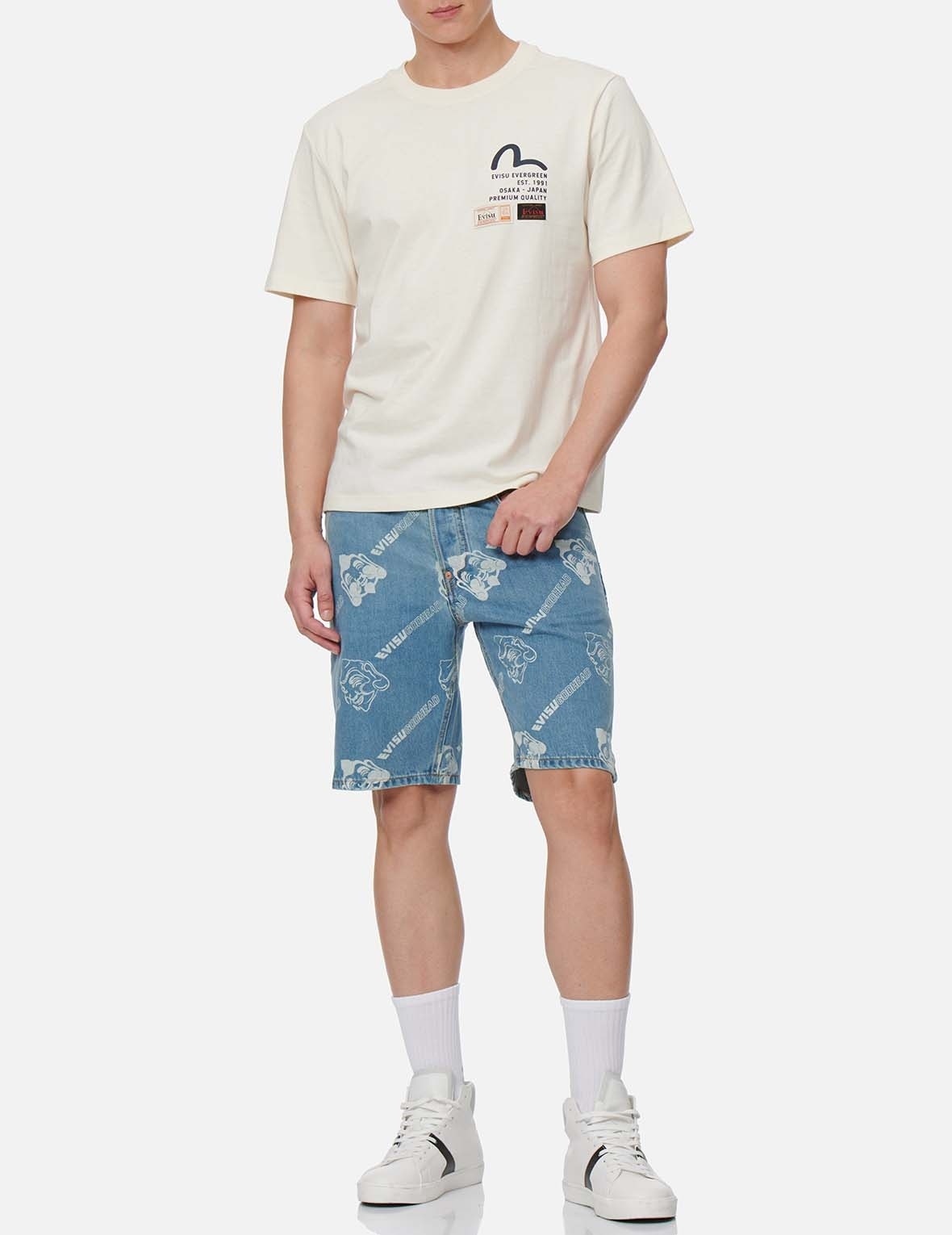 ALLOVER GODHEAD DISCHARGE PRINT DENIM SHORTS - 5