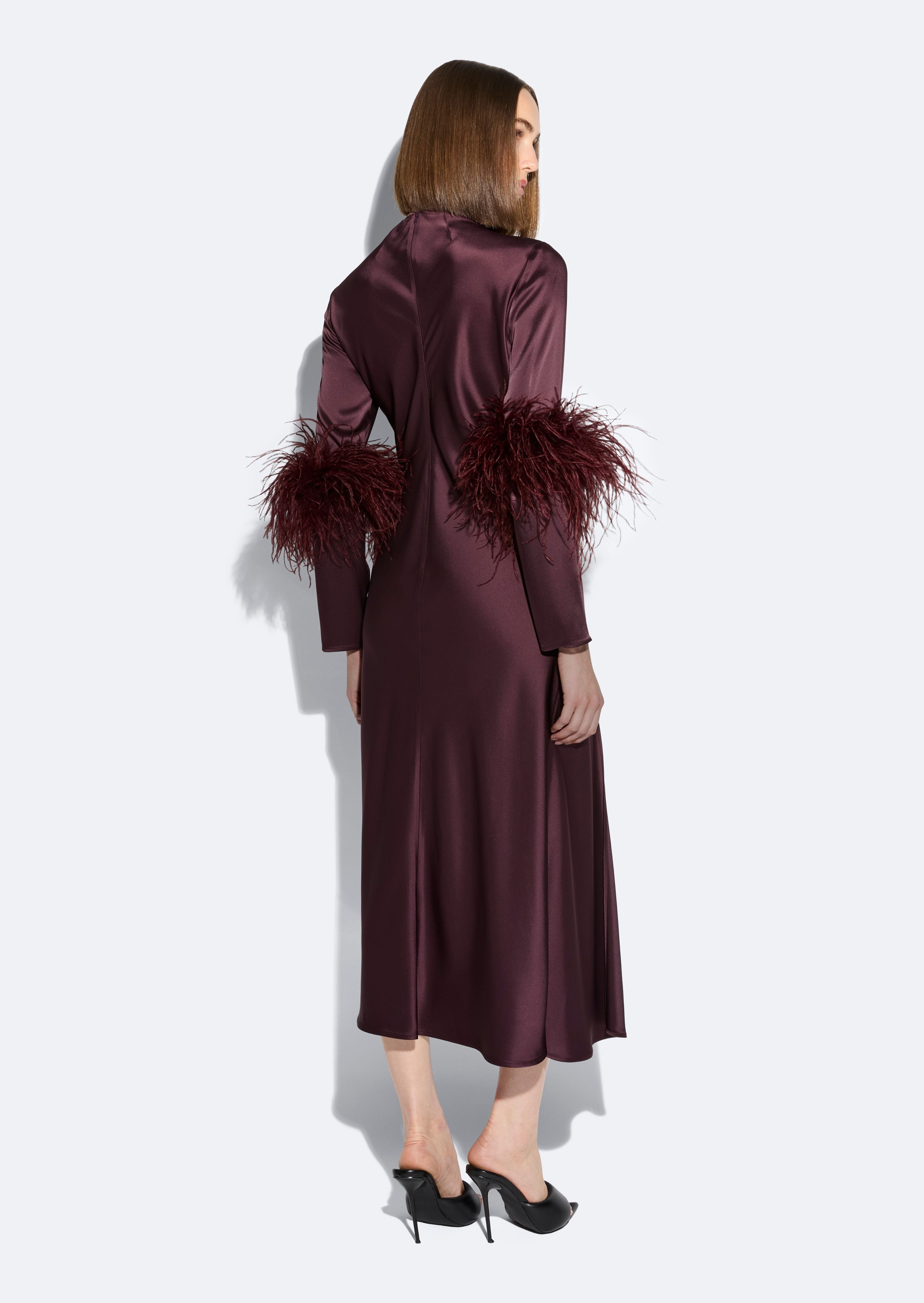 Satin Draped Neck Bias Dress With Feathers - 3