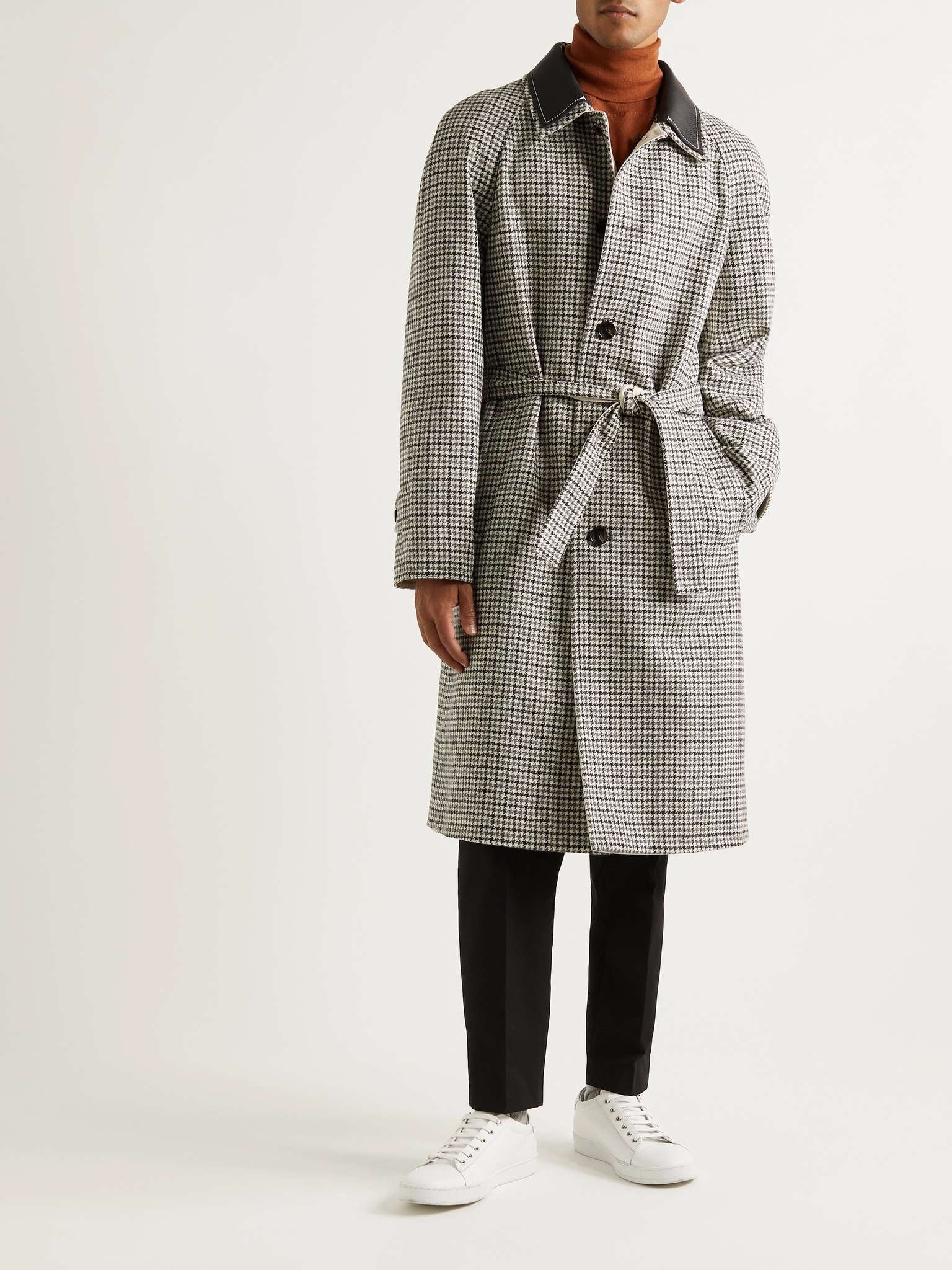 Reversible Leather-Trimmed Houndstooth Wool and Cotton-Gabardine Trench Coat - 2