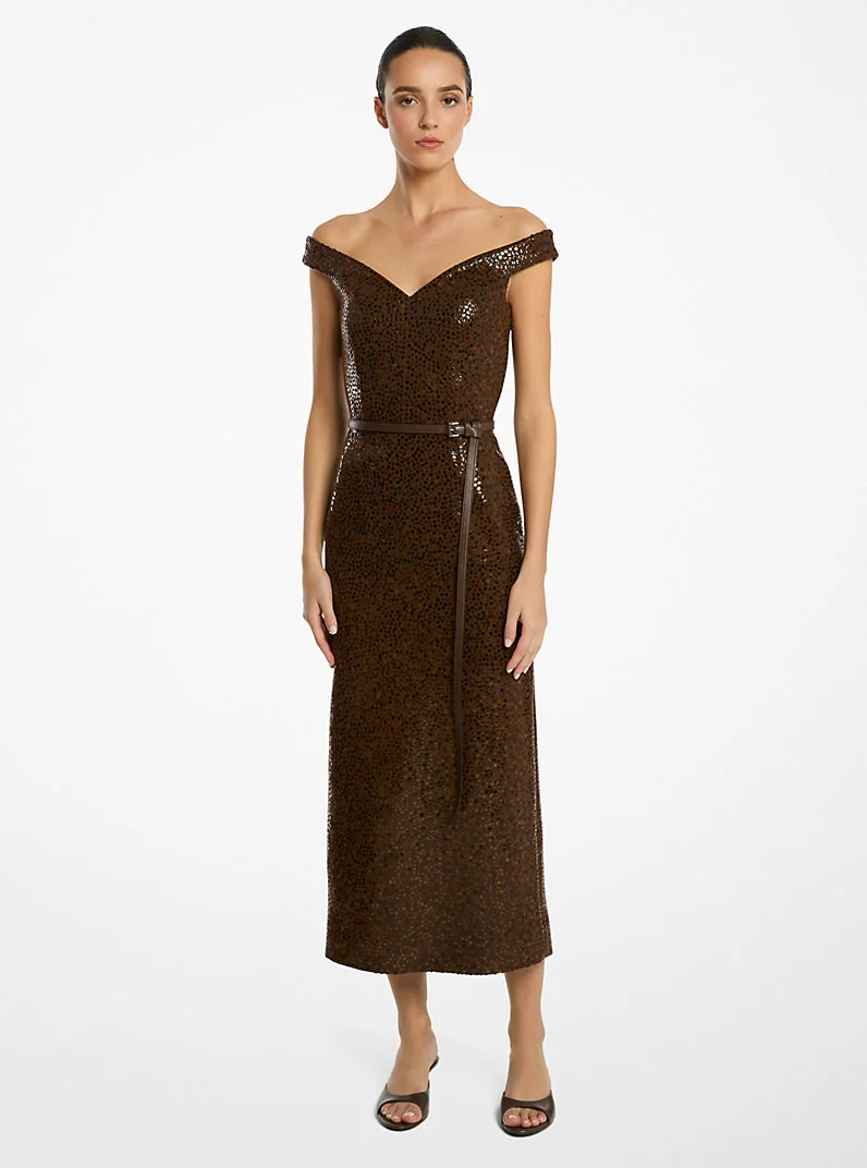 Hand-Embellished Paillettes Crepe Off-The-Shoulder Dress - 1